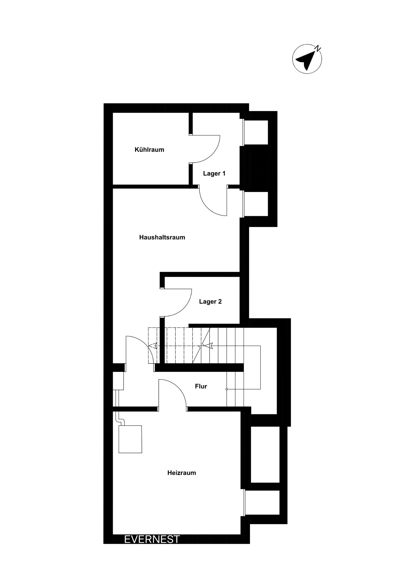 Grundriss mit Kühlraum, Haushaltsraum, zwei Lagerräumen, Flur und Heizraum.