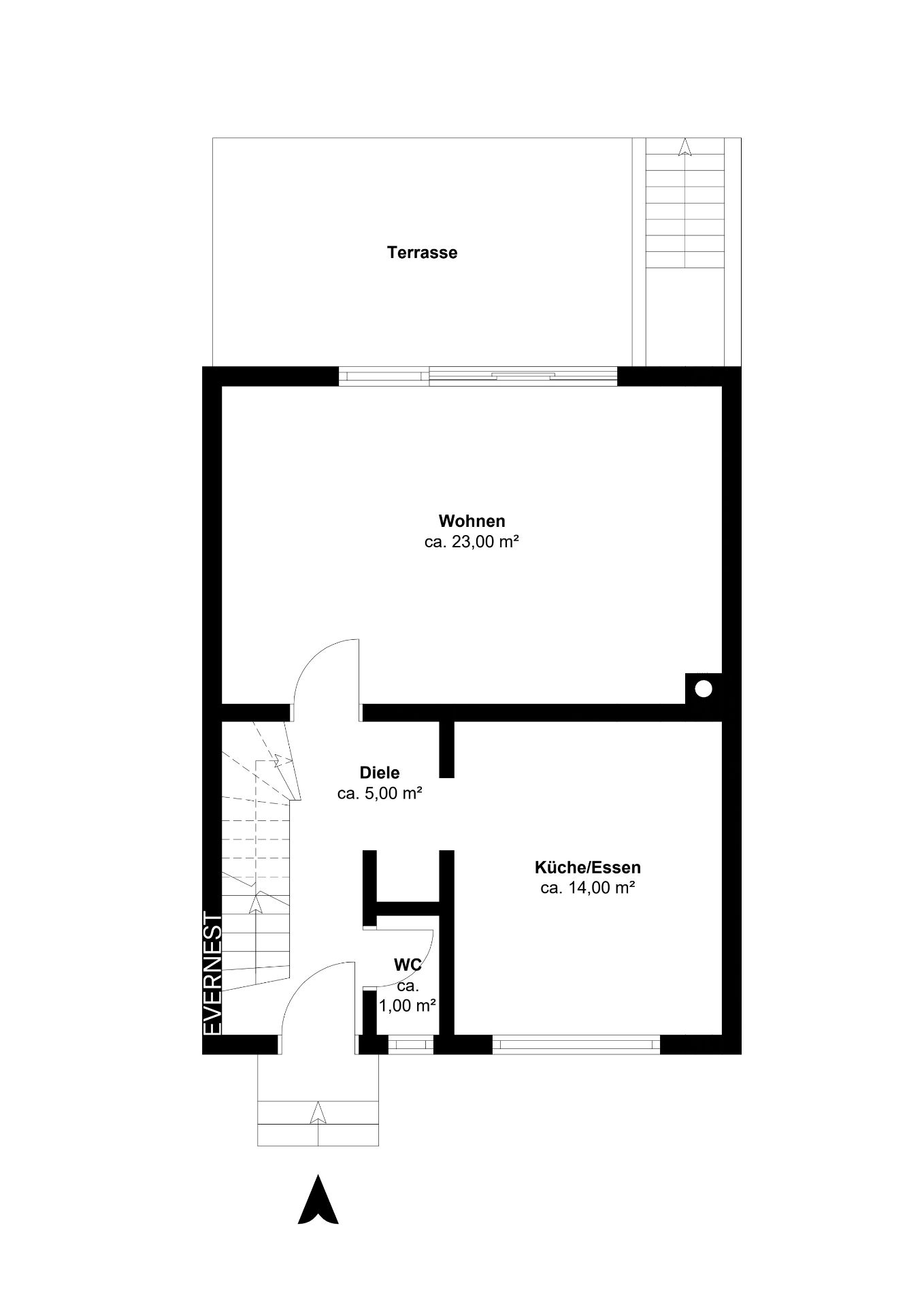 Grundriss mit Terrasse, Wohnzimmer, Küche/Essen, Diele und WC.
