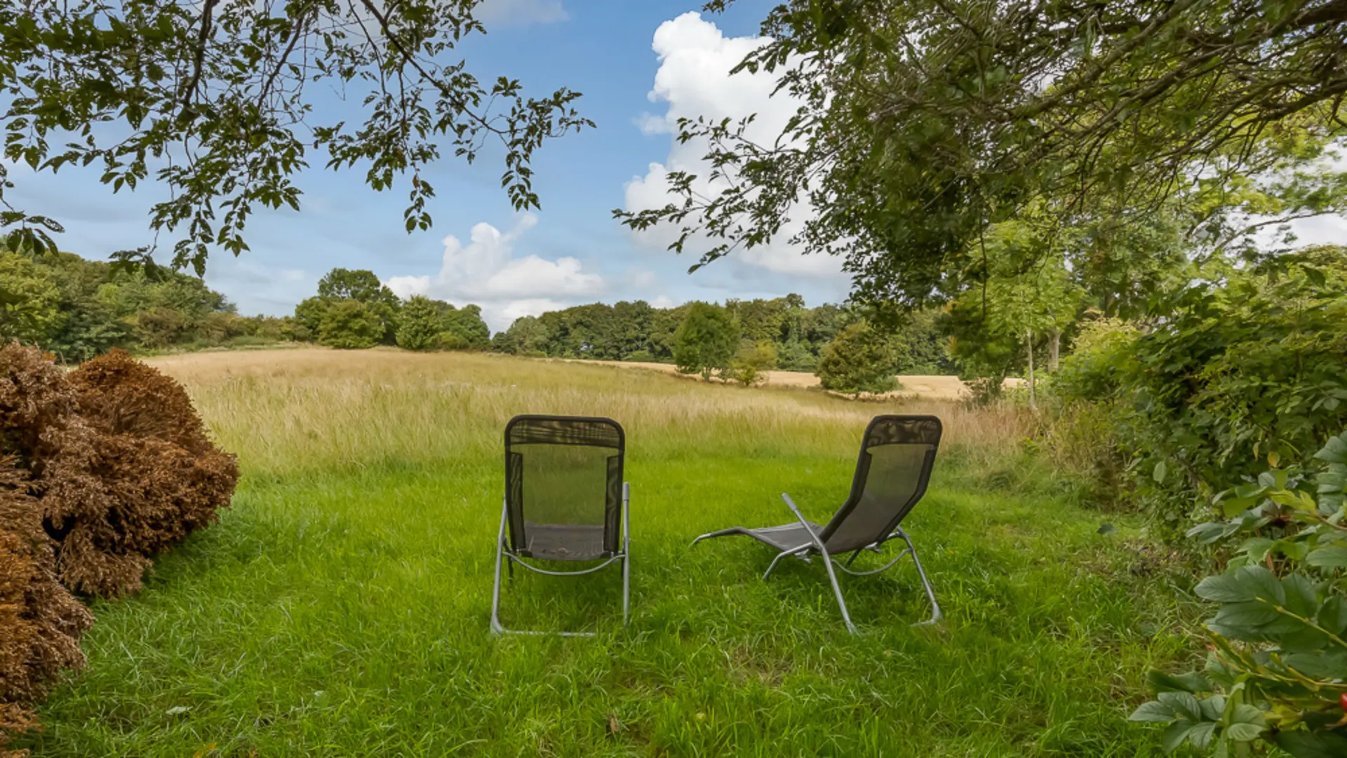 Zwei Gartenstühle stehen auf einer Wiese mit Blick auf ein weites Feld und Bäume.
