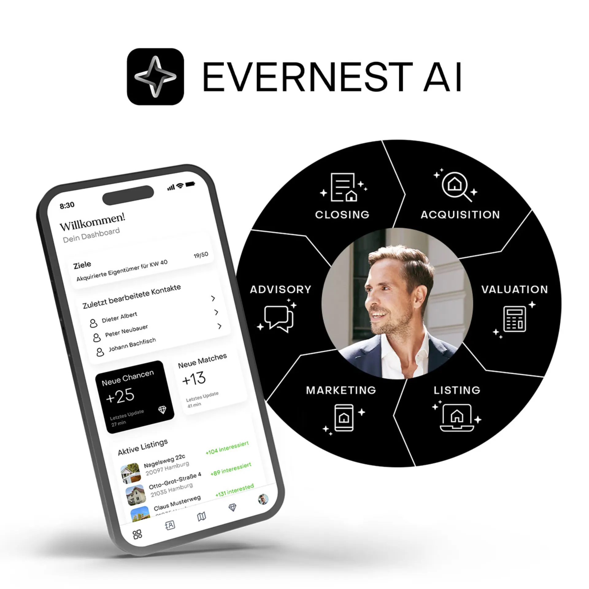 Smartphone mit Immobilien-App und Kreisdiagramm mit verschiedenen Prozessschritten, daneben Porträt eines Mannes.