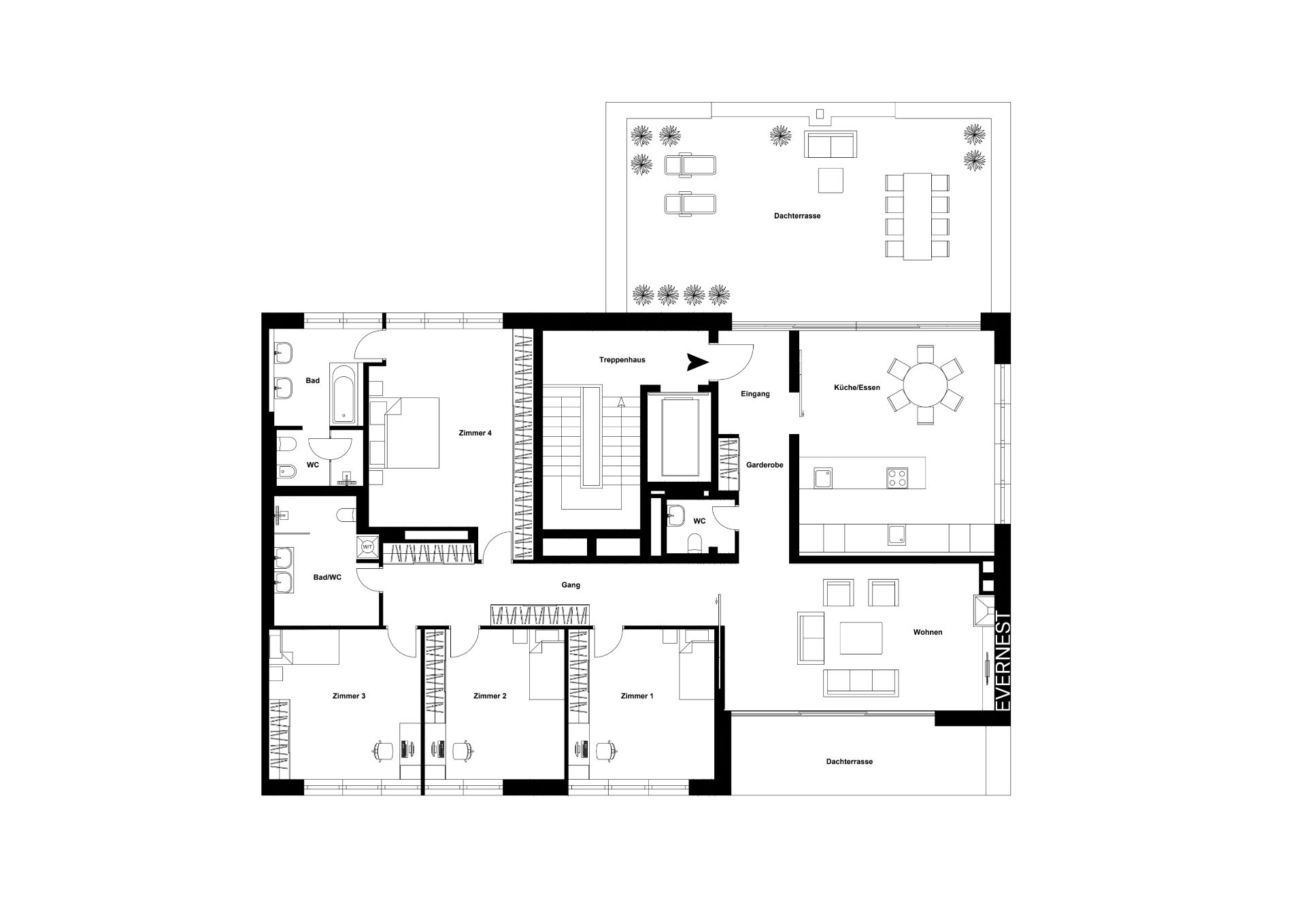 Grundriss einer Wohnung mit vier Zimmern, Küche, Wohnzimmer, Bädern und Dachterrasse.