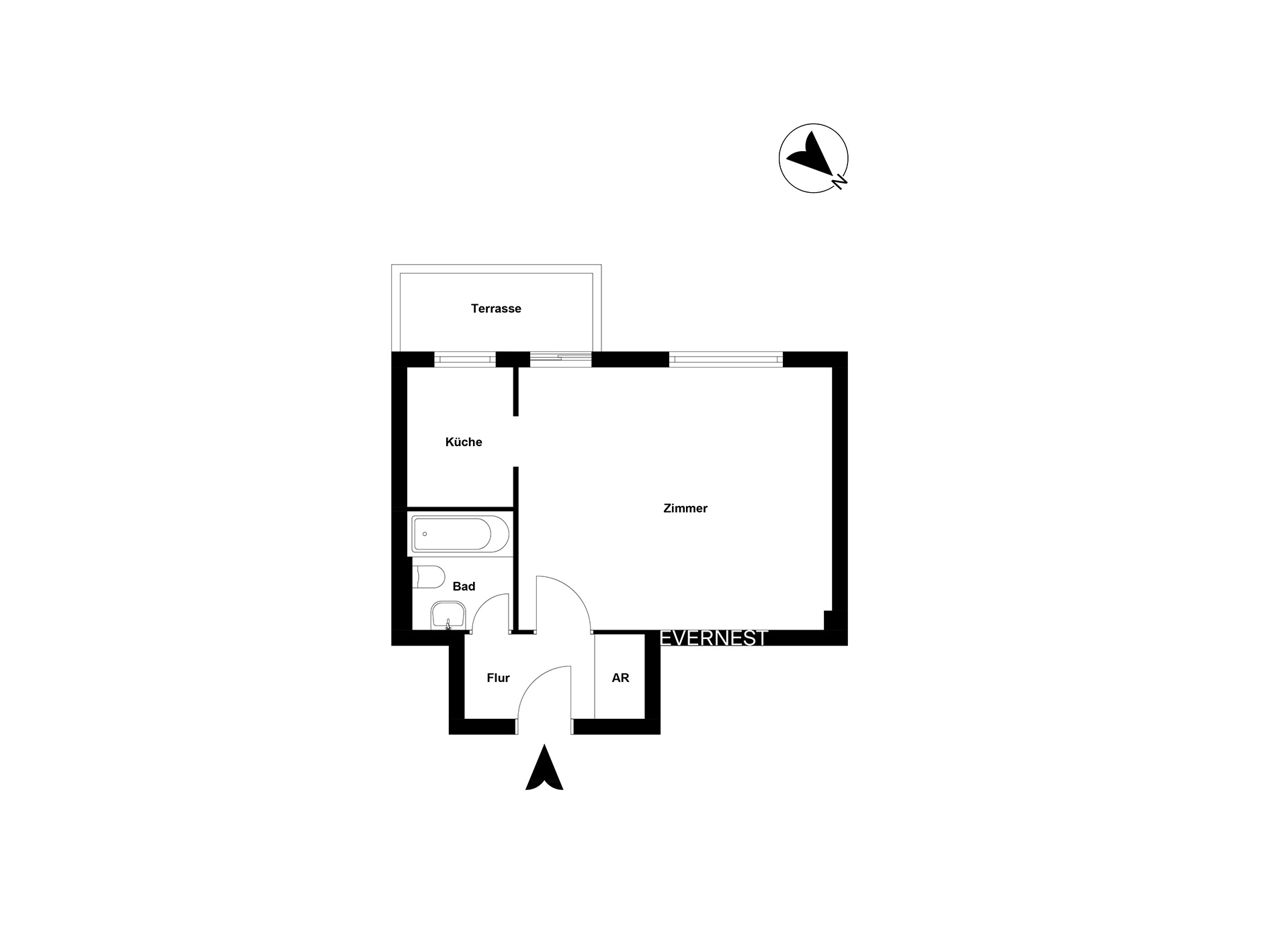Grundriss einer Wohnung mit Zimmer, Küche, Bad, Flur, Abstellraum und Terrasse.