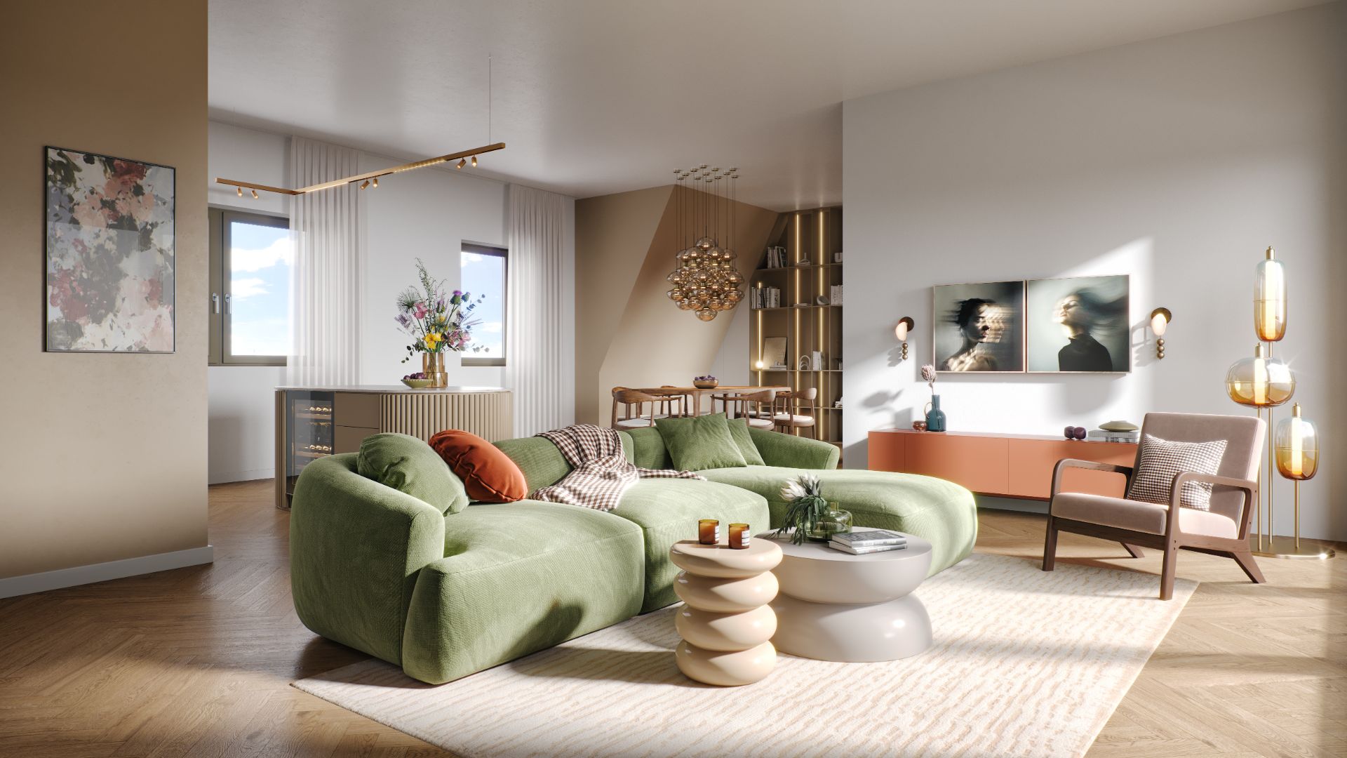 Modernes Wohnzimmer mit grüner Sofa-Landschaft, Couchtischen, Sessel und großem Teppich.