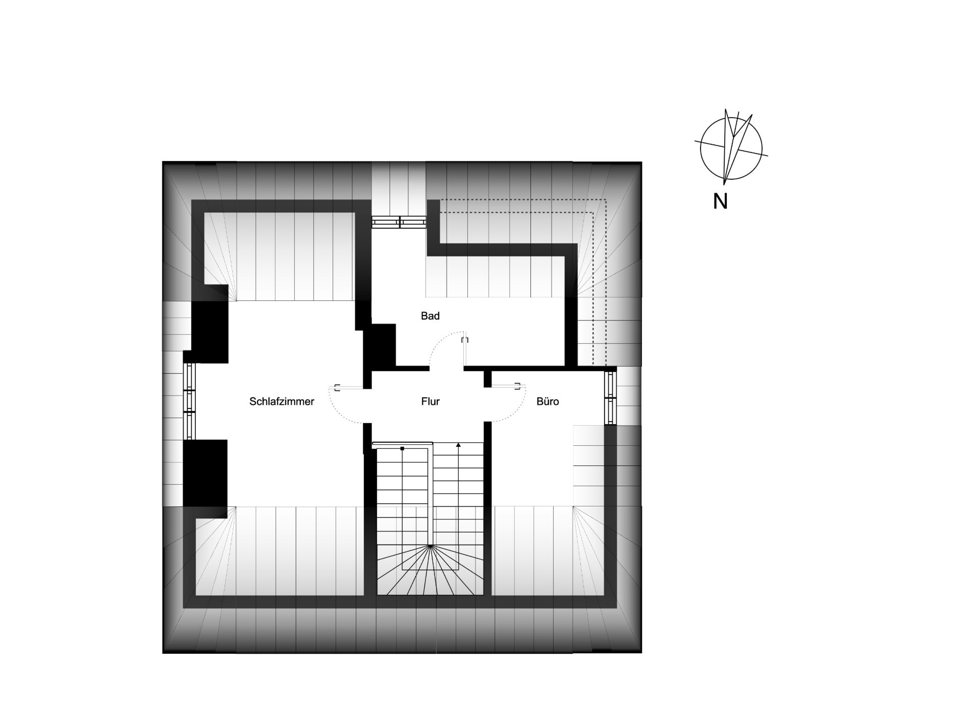 Grundriss mit Schlafzimmer, Büro, Bad, Flur und Treppenhaus.