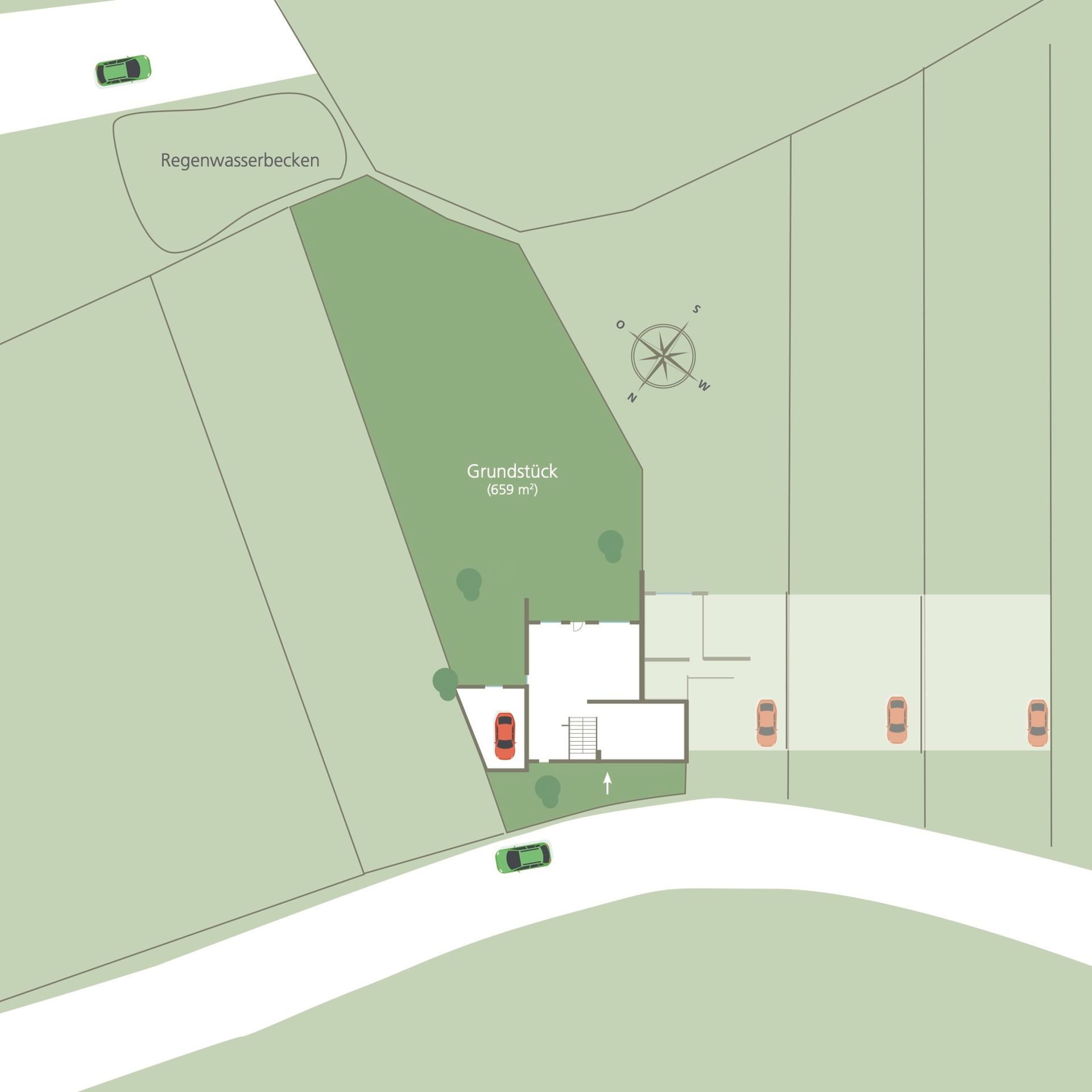 Grundstücksplan mit eingezeichnetem Haus, Zufahrt, Autos und Regenwasserbecken.