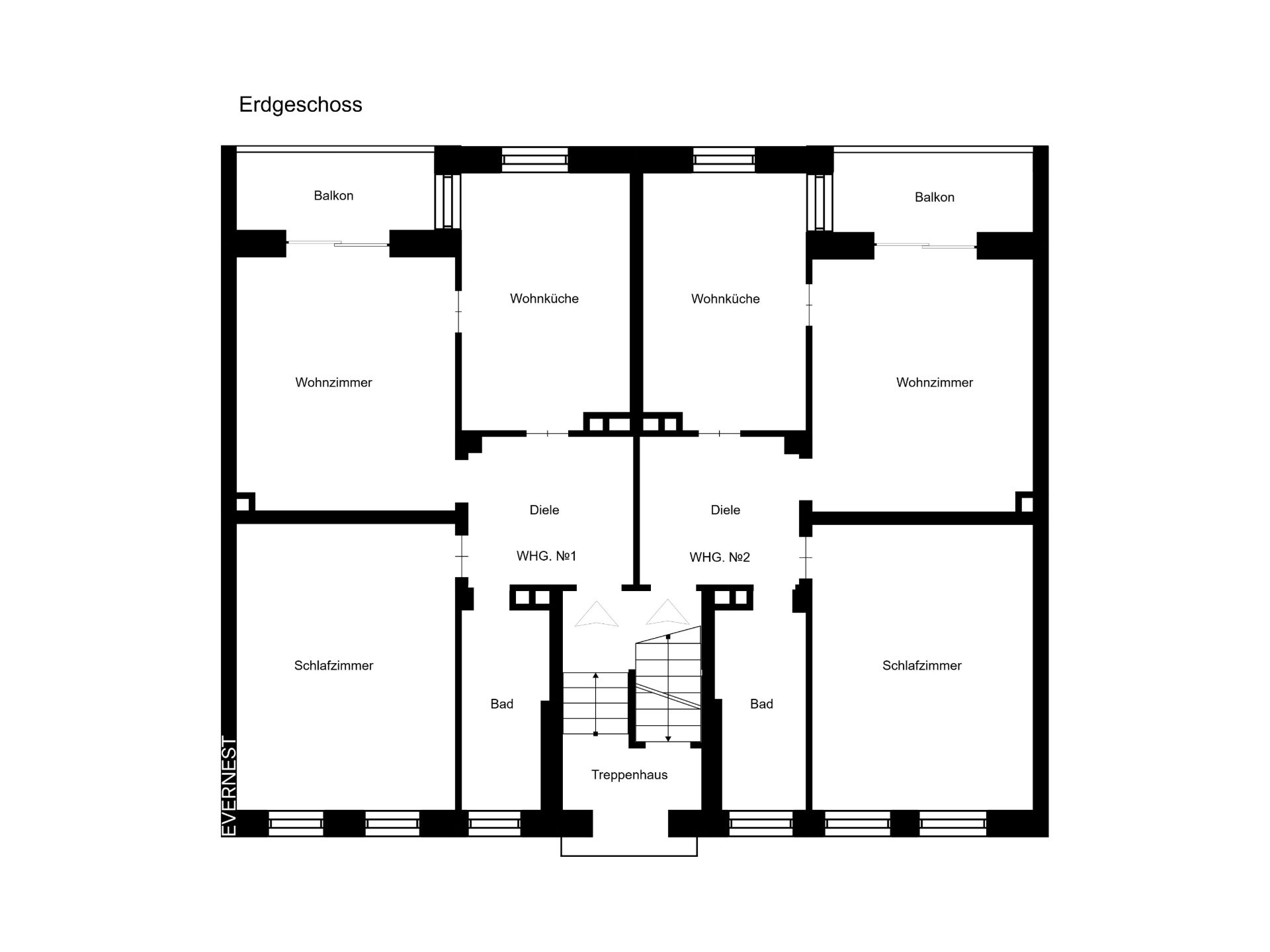 Grundriss des Erdgeschosses mit zwei Wohnungen, je mit Wohnzimmer, Wohnküche, Schlafzimmer, Bad und Balkon.