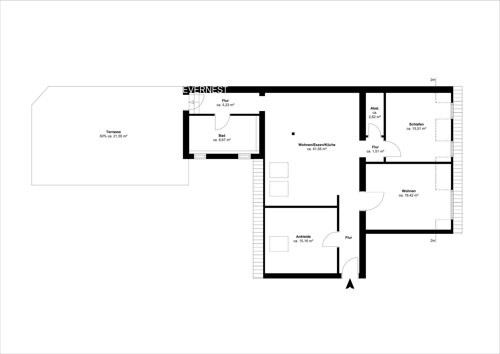 Grundriss einer Wohnung mit Terrasse, Bad, Ankleide, Wohnzimmer, Schlafzimmer und Küche.