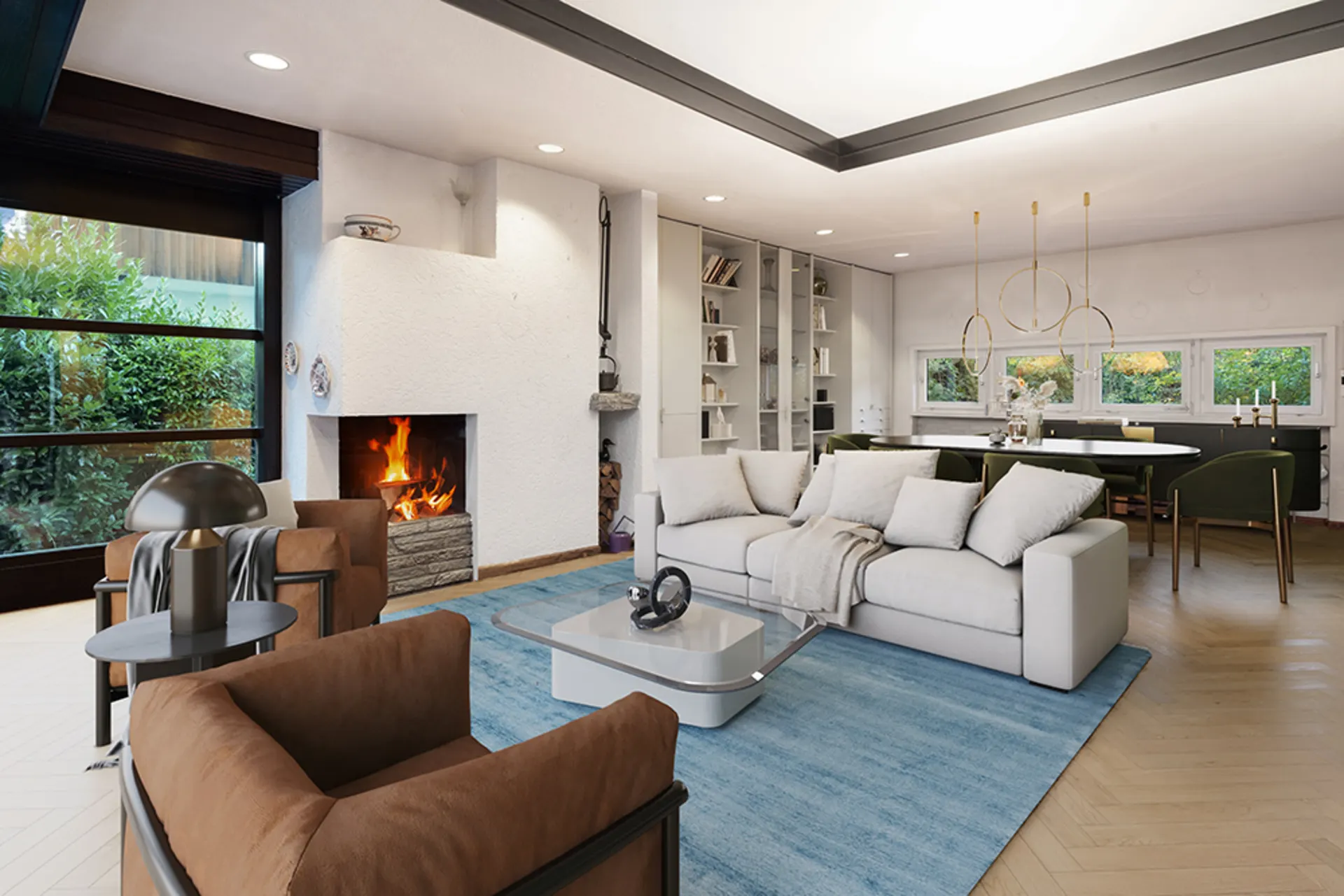Modernes Wohnzimmer mit Sofa, Kamin und Esstisch, große Fenster zeigen Gartenblick.