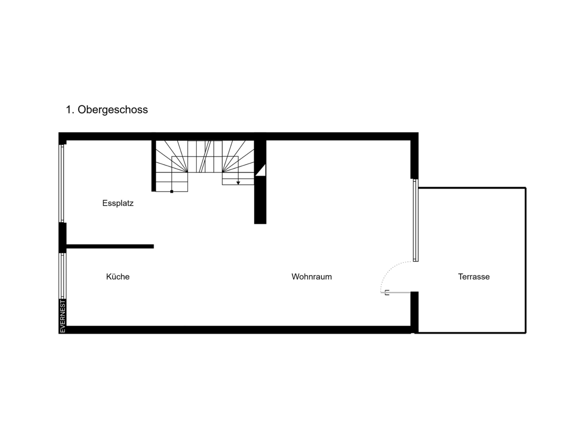 Grundriss des 1. Obergeschosses mit Küche, Essplatz, Wohnraum und Terrasse.