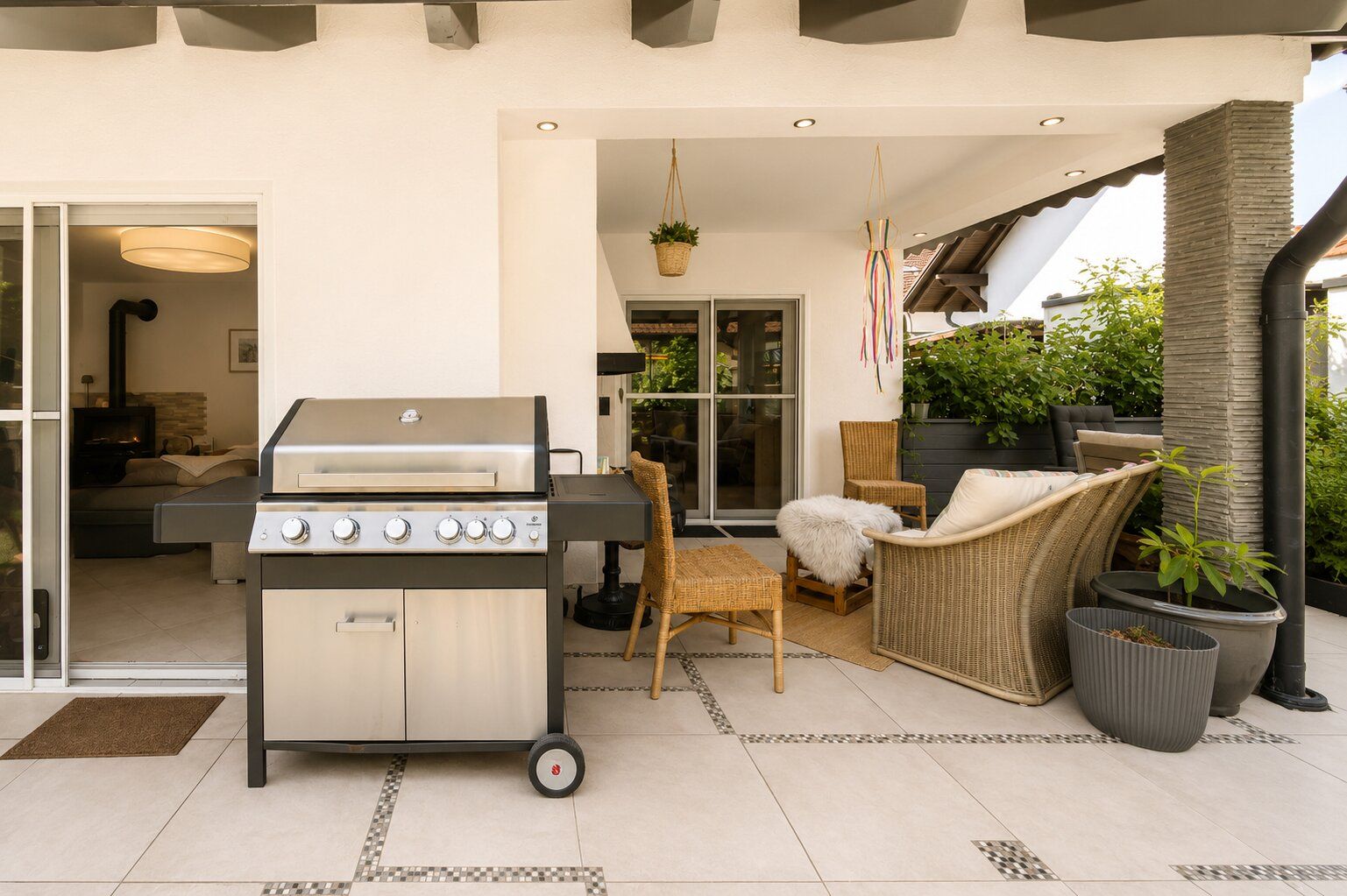 Überdachte Terrasse mit Grill, Gartenmöbeln und Pflanzen, angrenzend an ein Wohnzimmer.