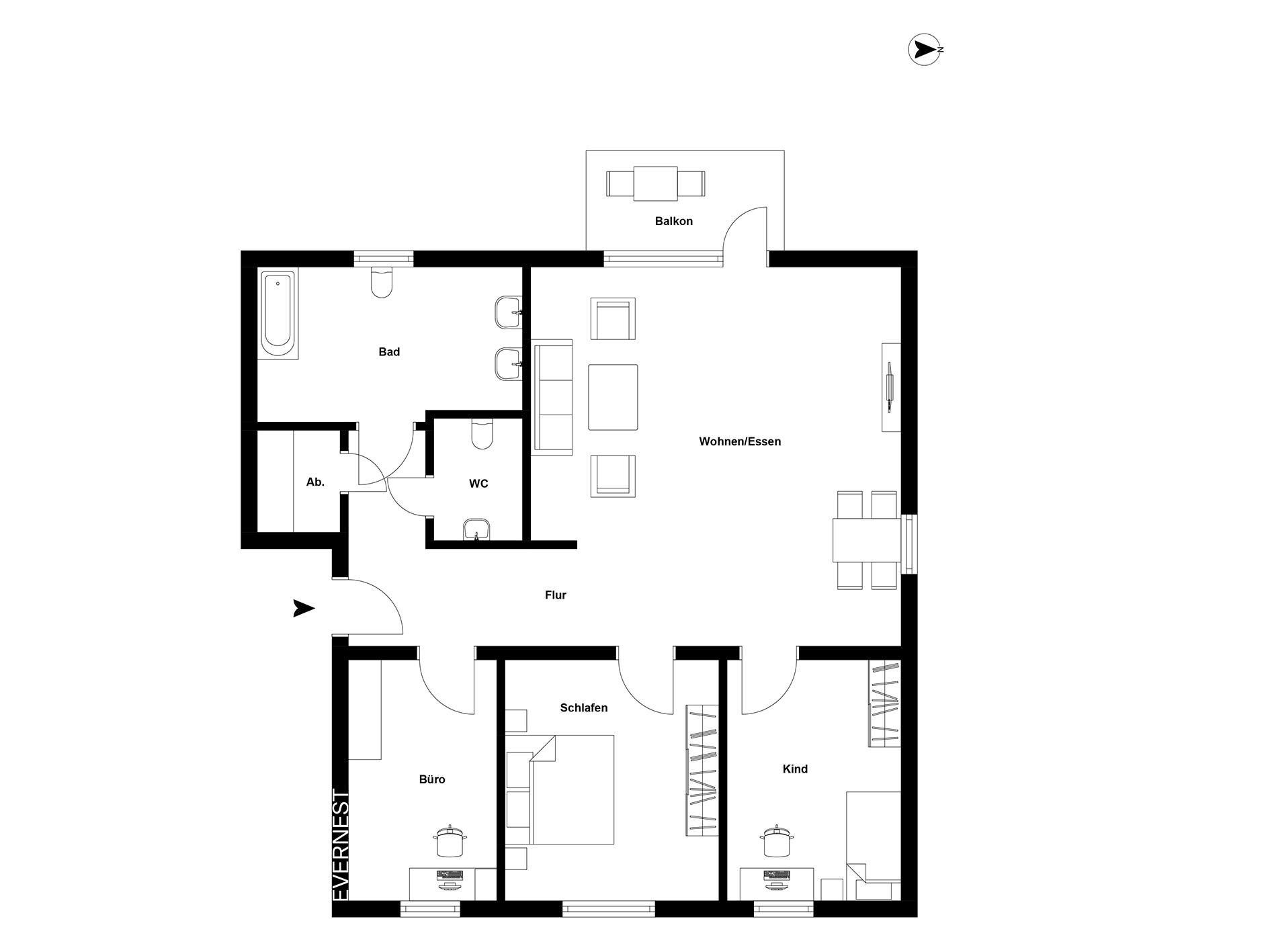 Grundriss einer Wohnung mit Balkon, Wohnzimmer, Bad, WC, Abstellraum, Büro, Schlafzimmer und Kinderzimmer.