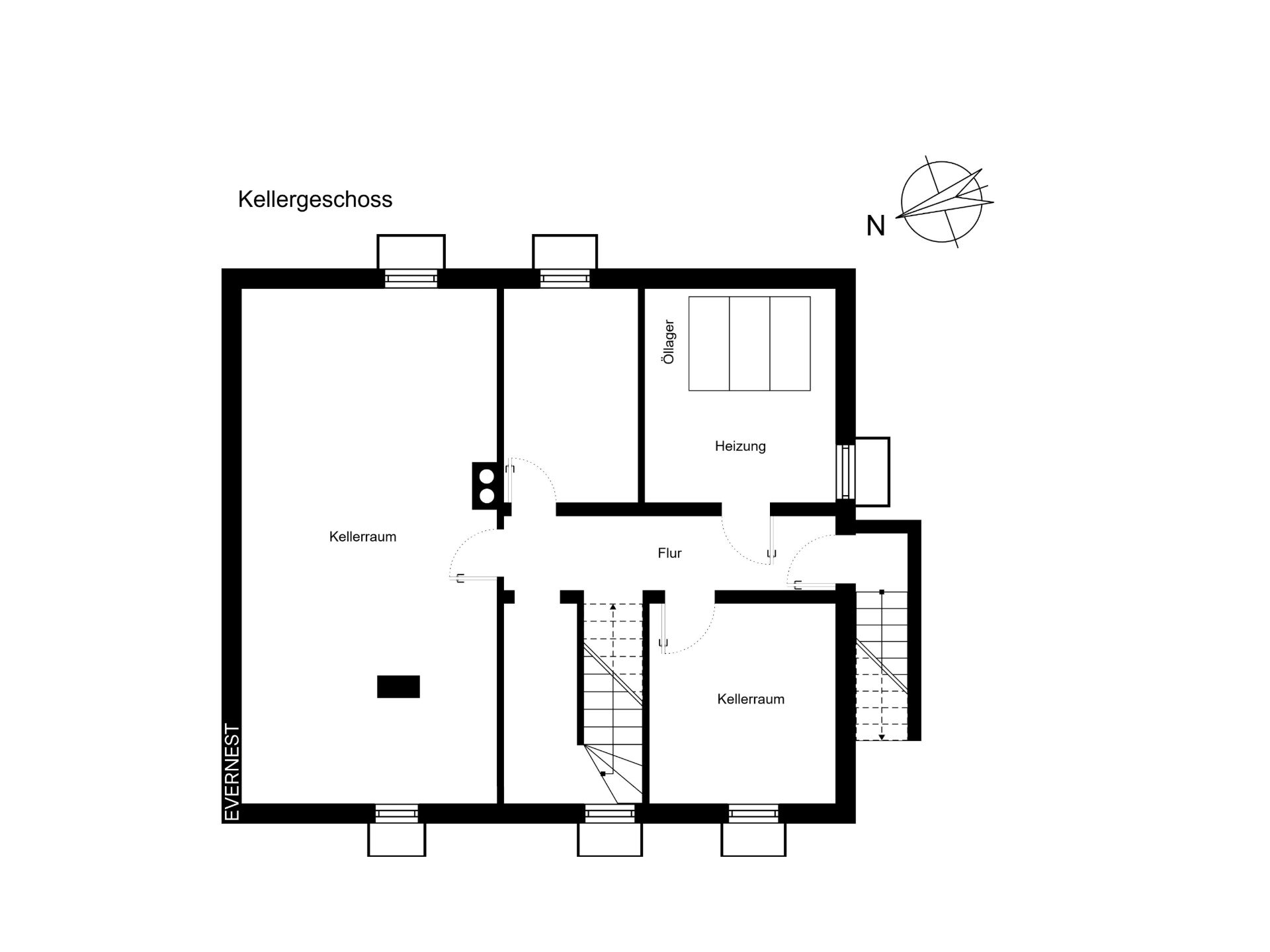 Grundriss des Kellergeschosses mit Flur, Heizungsraum und zwei Kellerräumen.