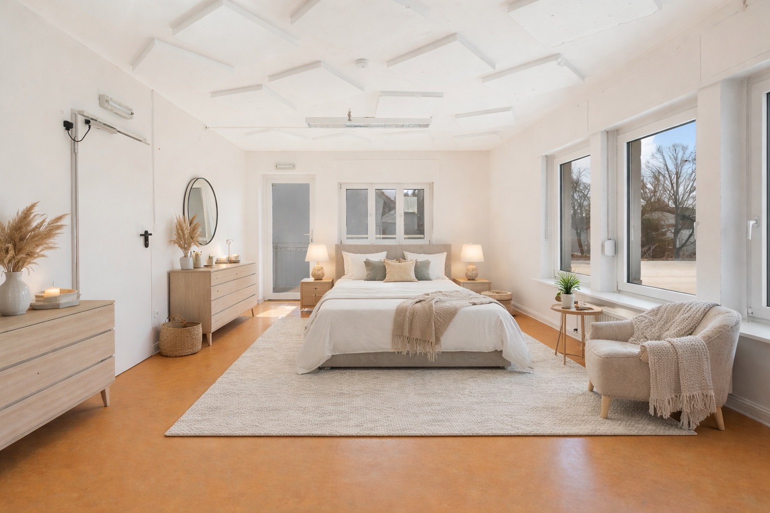 Helles Schlafzimmer mit Doppelbett, Sessel, Teppich und großen Fenstern.