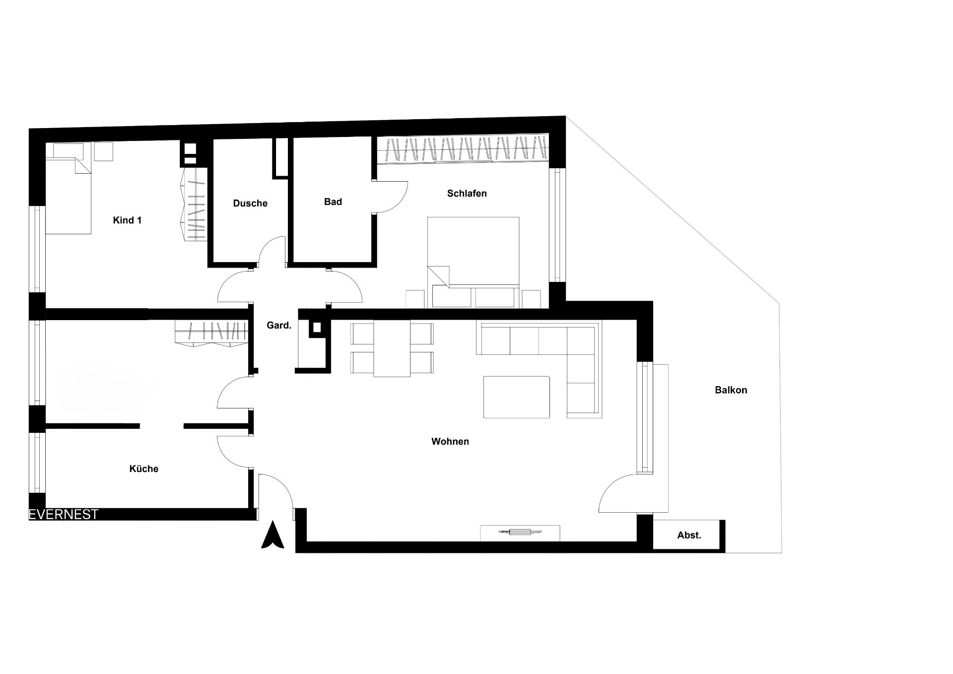 Grundriss einer Wohnung mit Wohnzimmer, Schlafzimmer, Kinderzimmer, Küche, Bad und Balkon.