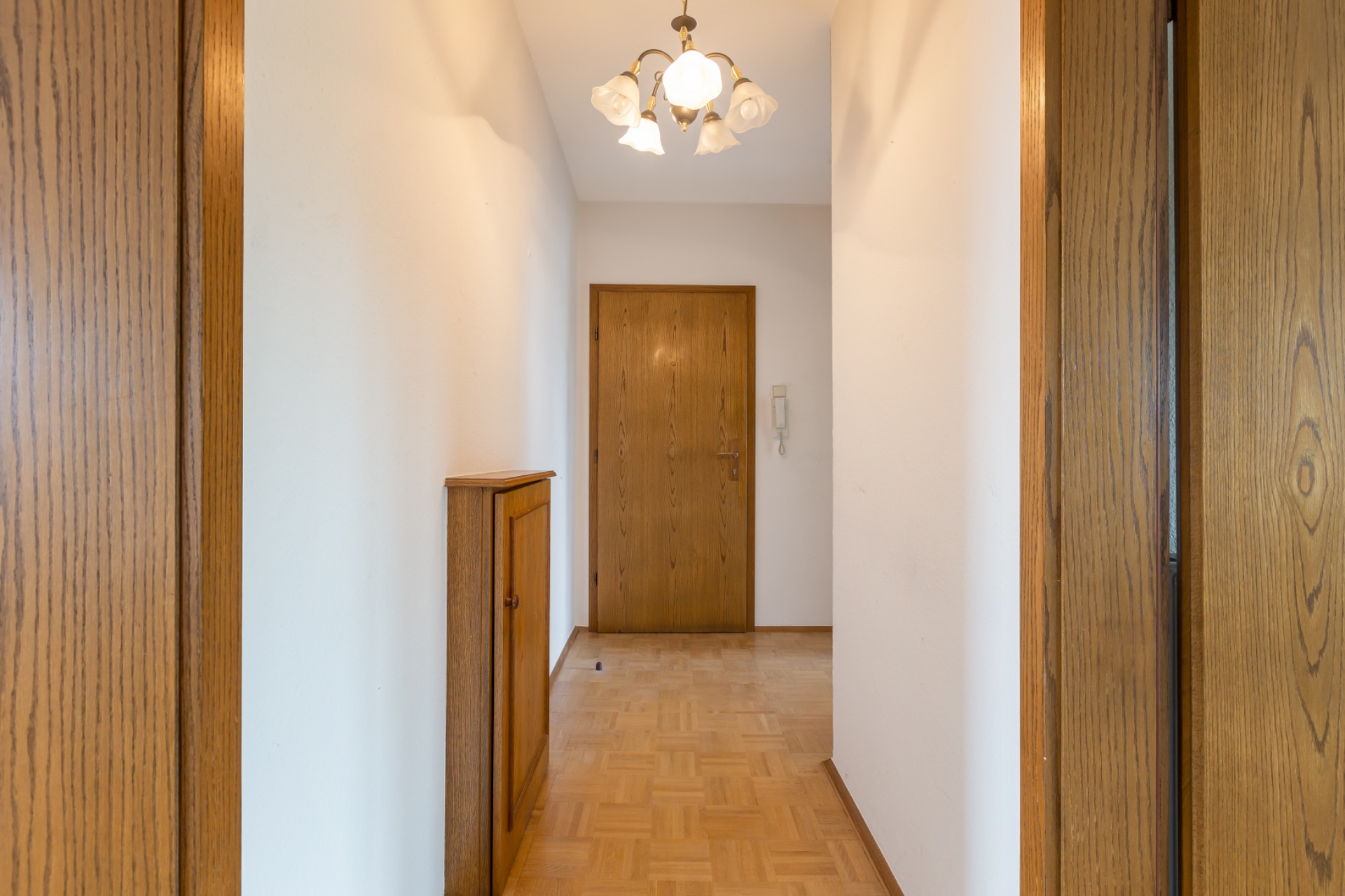 Heller Flur mit Holzboden, Holztür, Deckenlampe und kleinem Schrank an der Wand.
