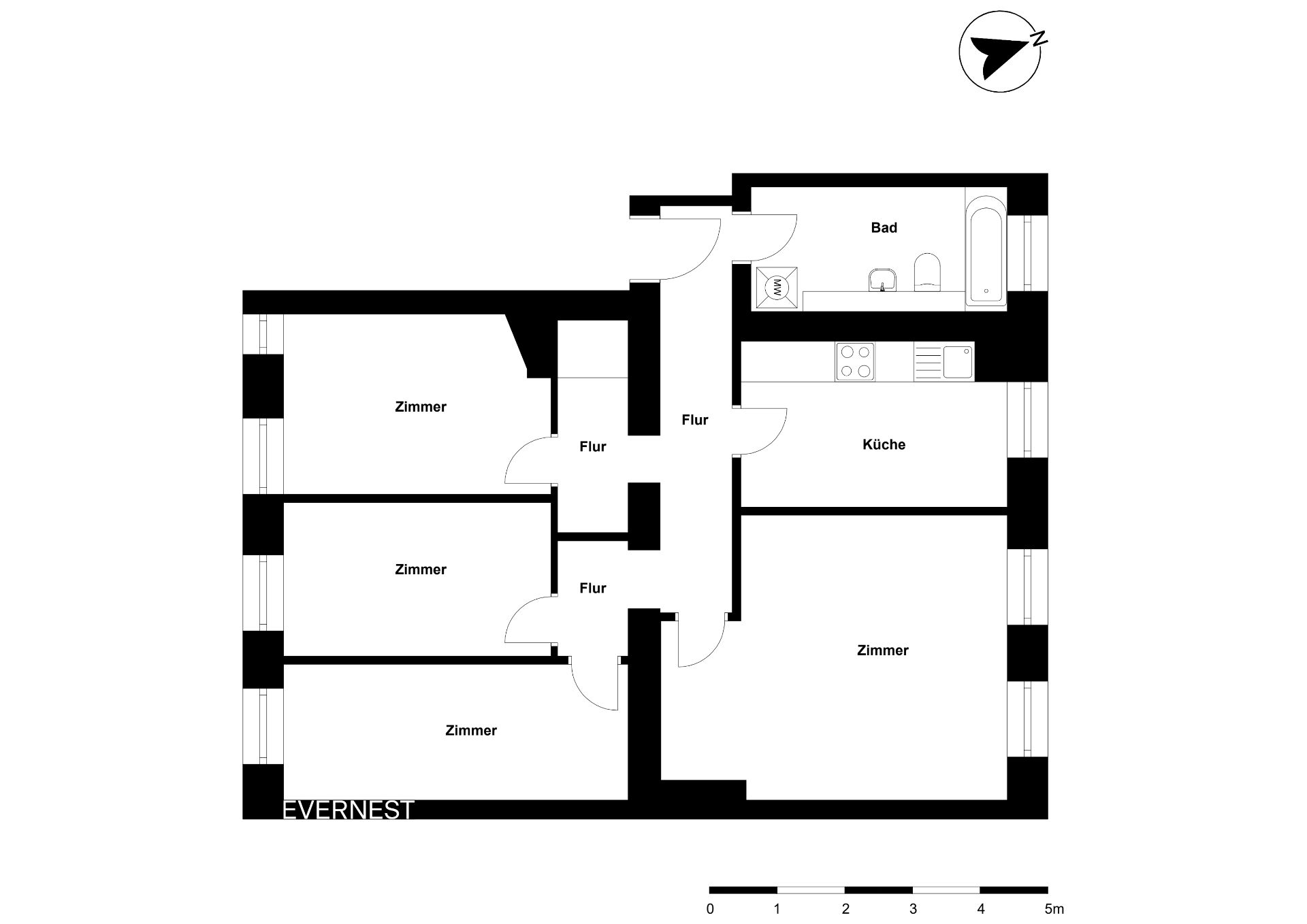 Grundriss mit fünf Zimmern, Küche, Bad und Flur, schwarz-weiß gezeichnet.