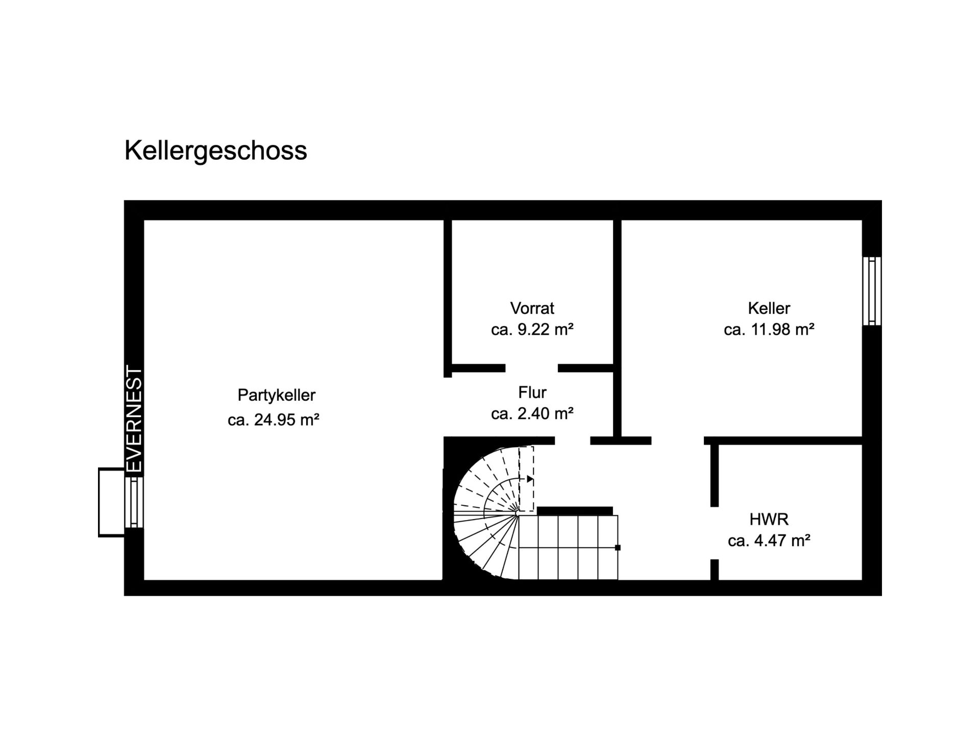 Grundriss des Kellergeschosses mit Partykeller, Vorratsraum, Keller, HWR und Flur.