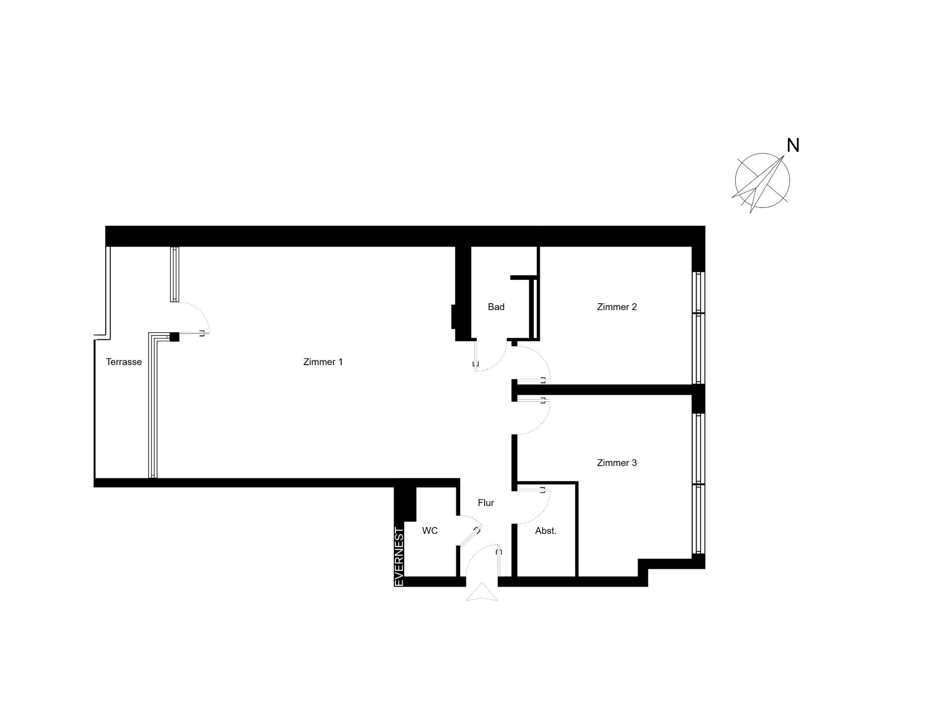 Grundriss einer Wohnung mit drei Zimmern, Bad, WC, Flur, Abstellraum und Terrasse.