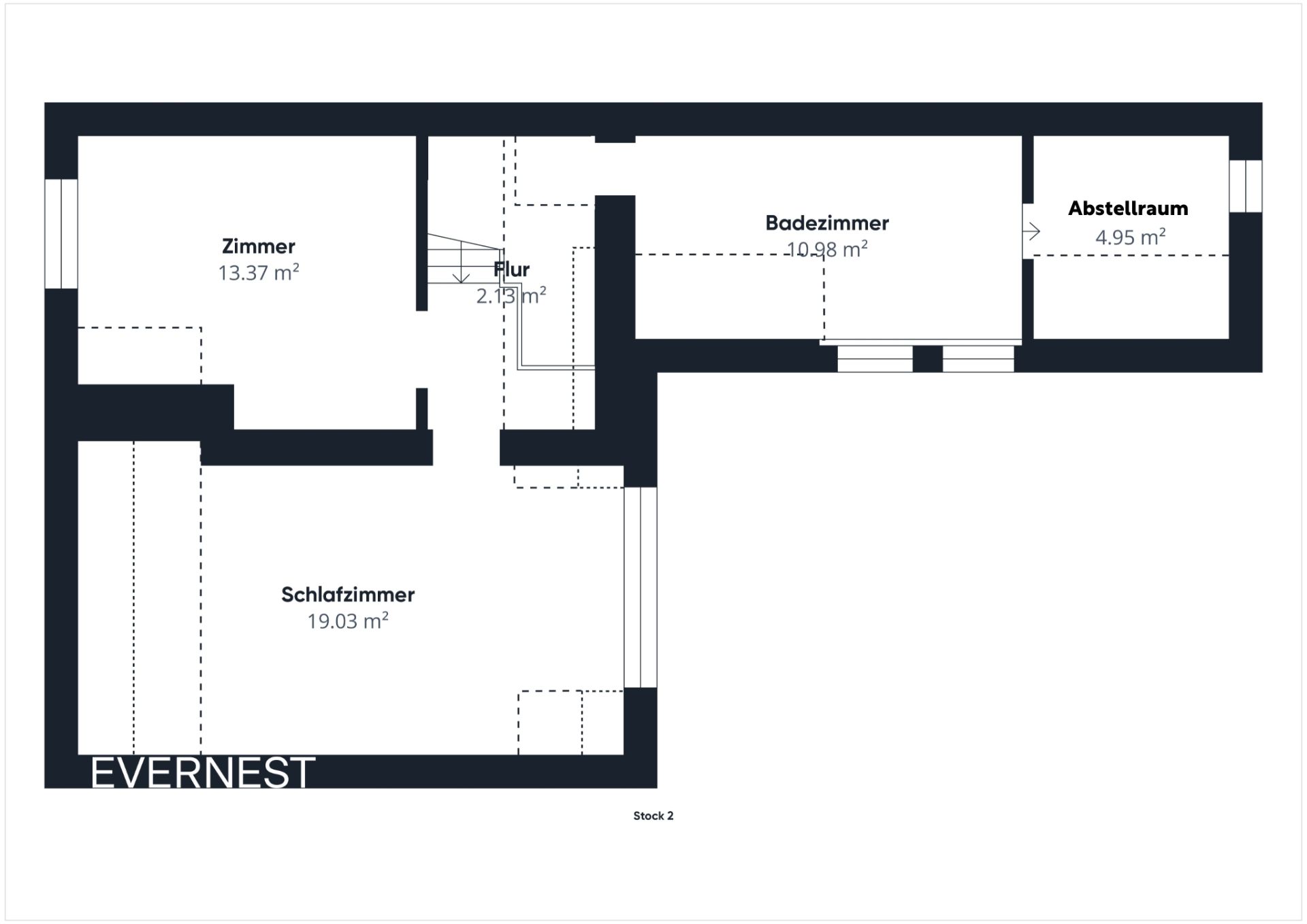 Grundriss mit Schlafzimmer, Zimmer, Badezimmer, Abstellraum und Flur, Flächenangaben enthalten.