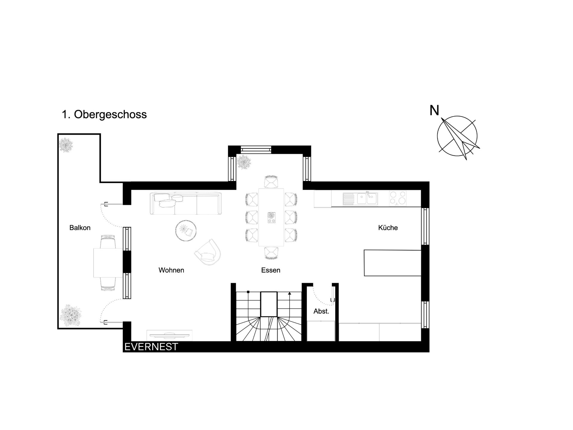 Grundriss eines Obergeschosses mit Balkon, Wohnzimmer, Essbereich, Küche und Abstellraum.