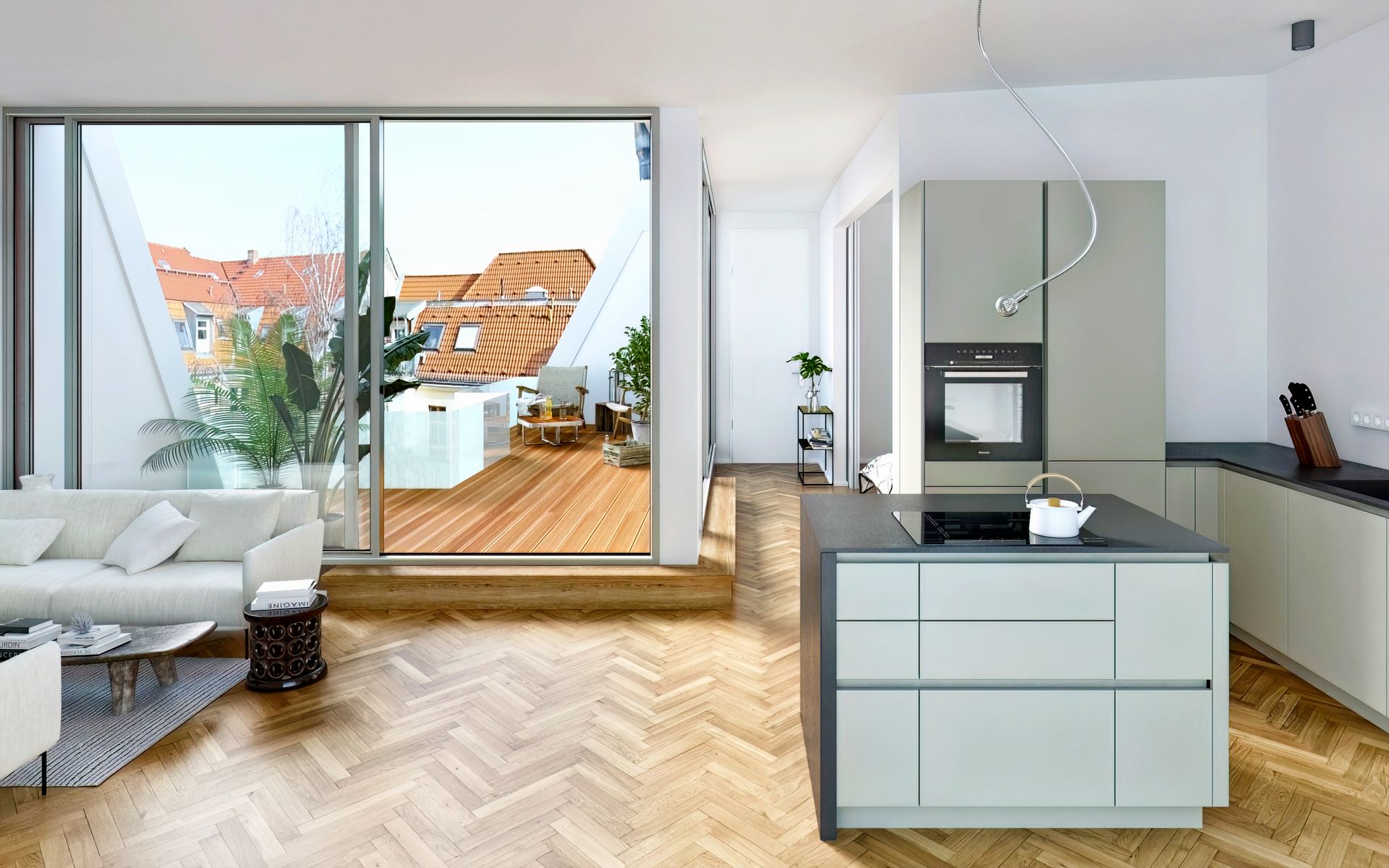 Moderne Küche und Wohnzimmer mit Zugang zu einer Holzterrasse und großen Fenstern.