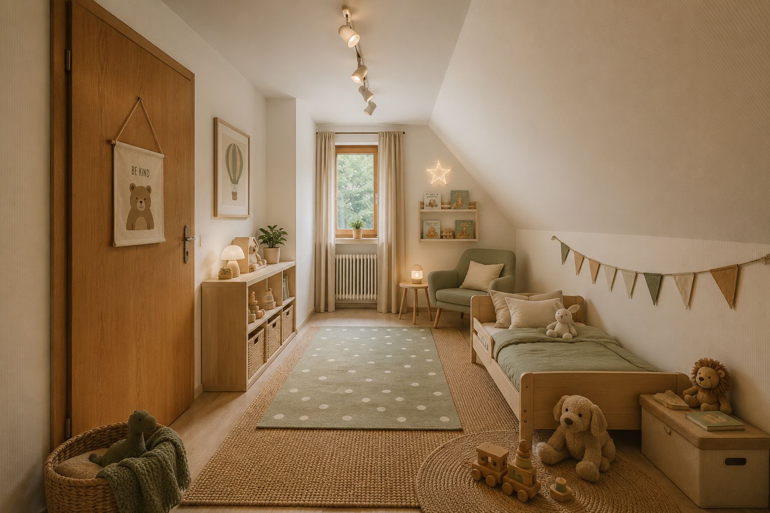 Helles, gemütliches Kinderzimmer mit Bett, Sessel, Spielzeug und Teppich.