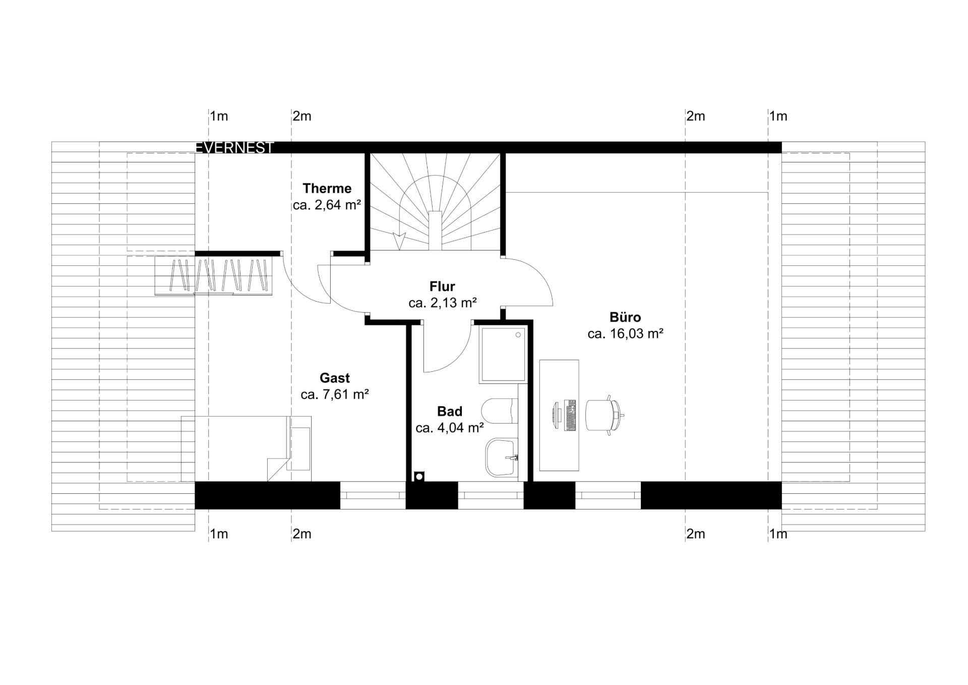 Grundriss mit Gastzimmer, Büro, Bad, Flur und Therme, Maße in Quadratmetern angegeben.
