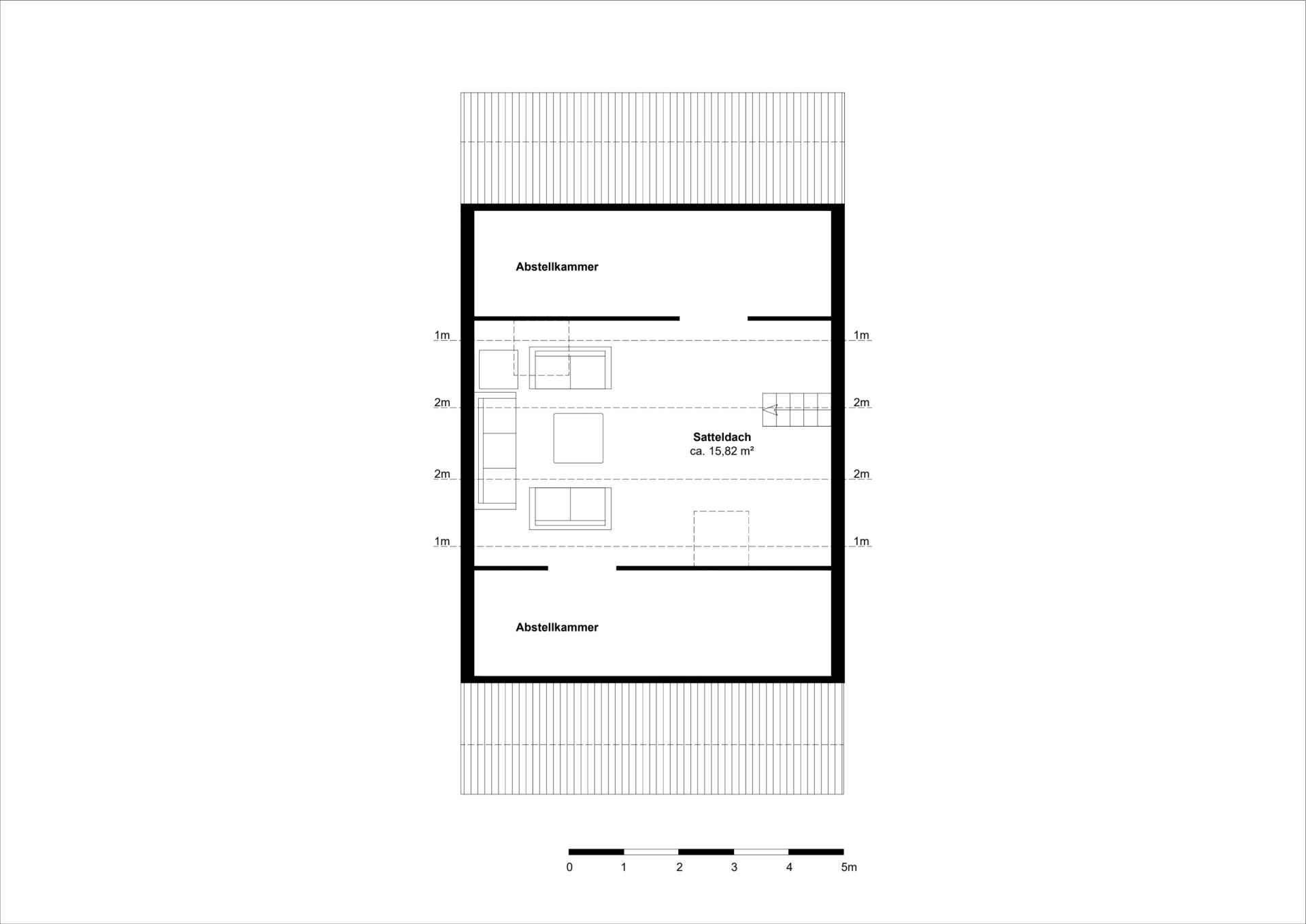 Grundriss mit Satteldach, zwei Abstellkammern und zentralem Wohnbereich.