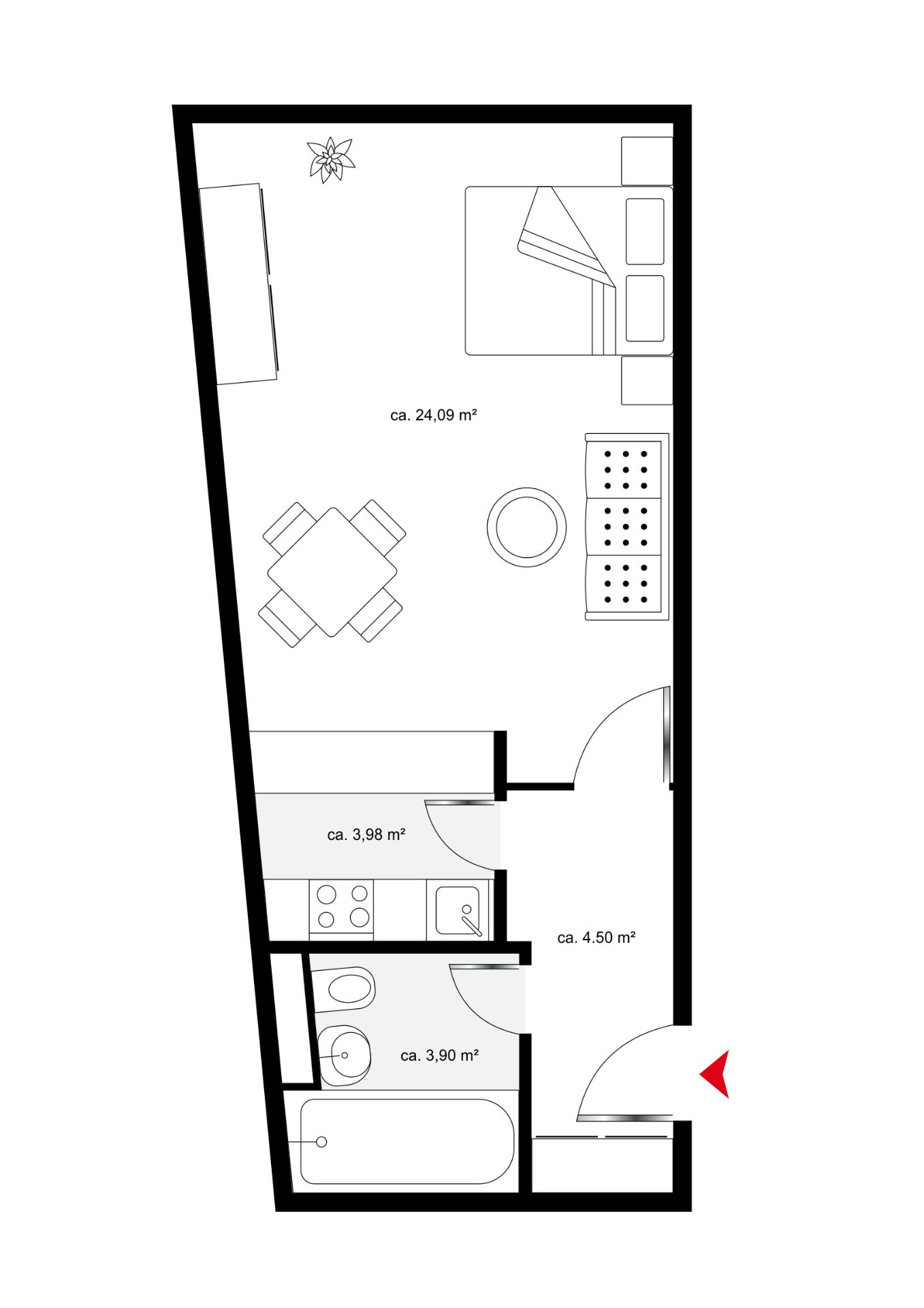Grundriss einer Wohnung mit Schlafzimmer, Wohnzimmer, Küche und Badezimmer.
