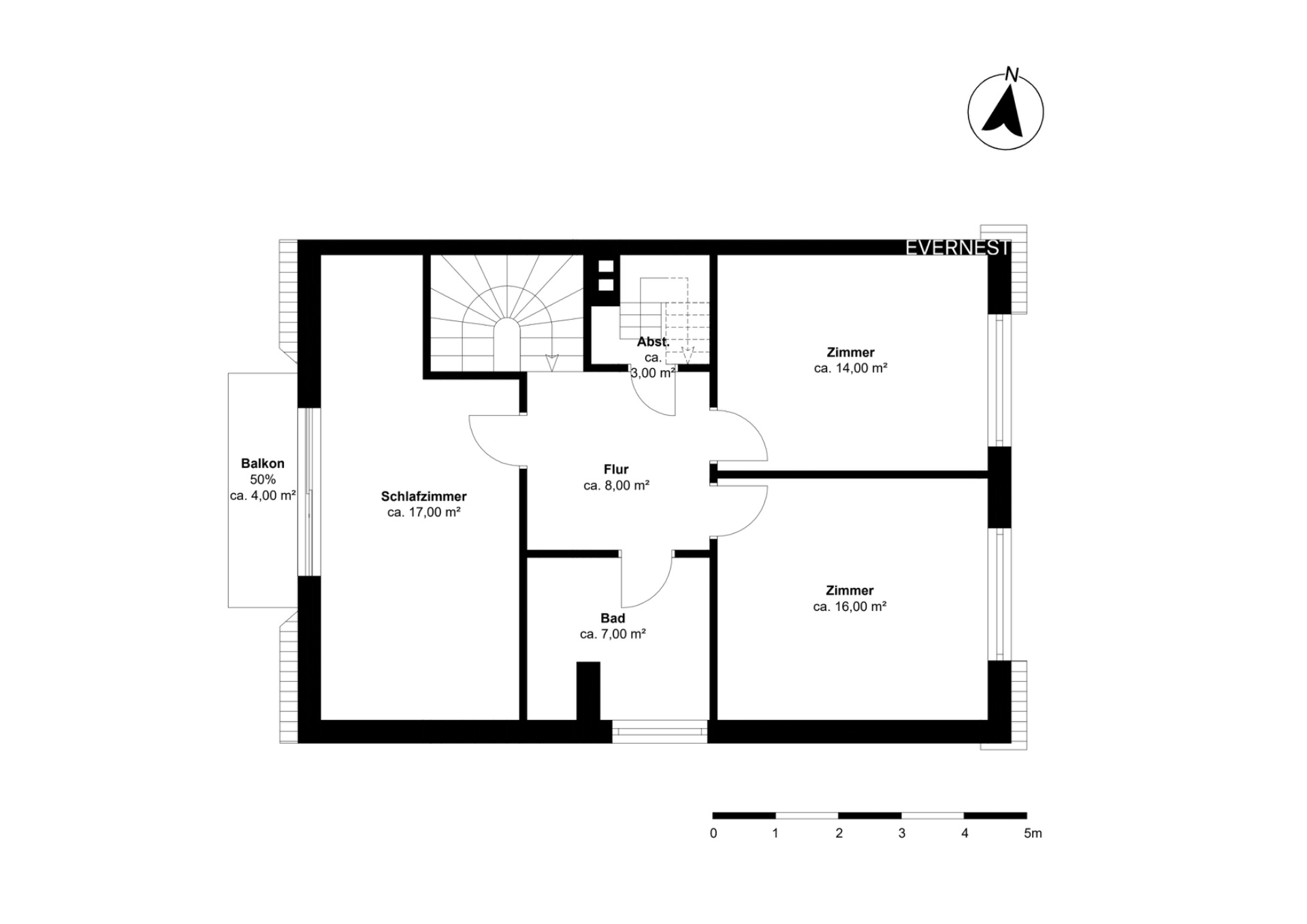 Grundriss mit Schlafzimmer, zwei Zimmern, Bad, Flur, Abstellraum und Balkon.