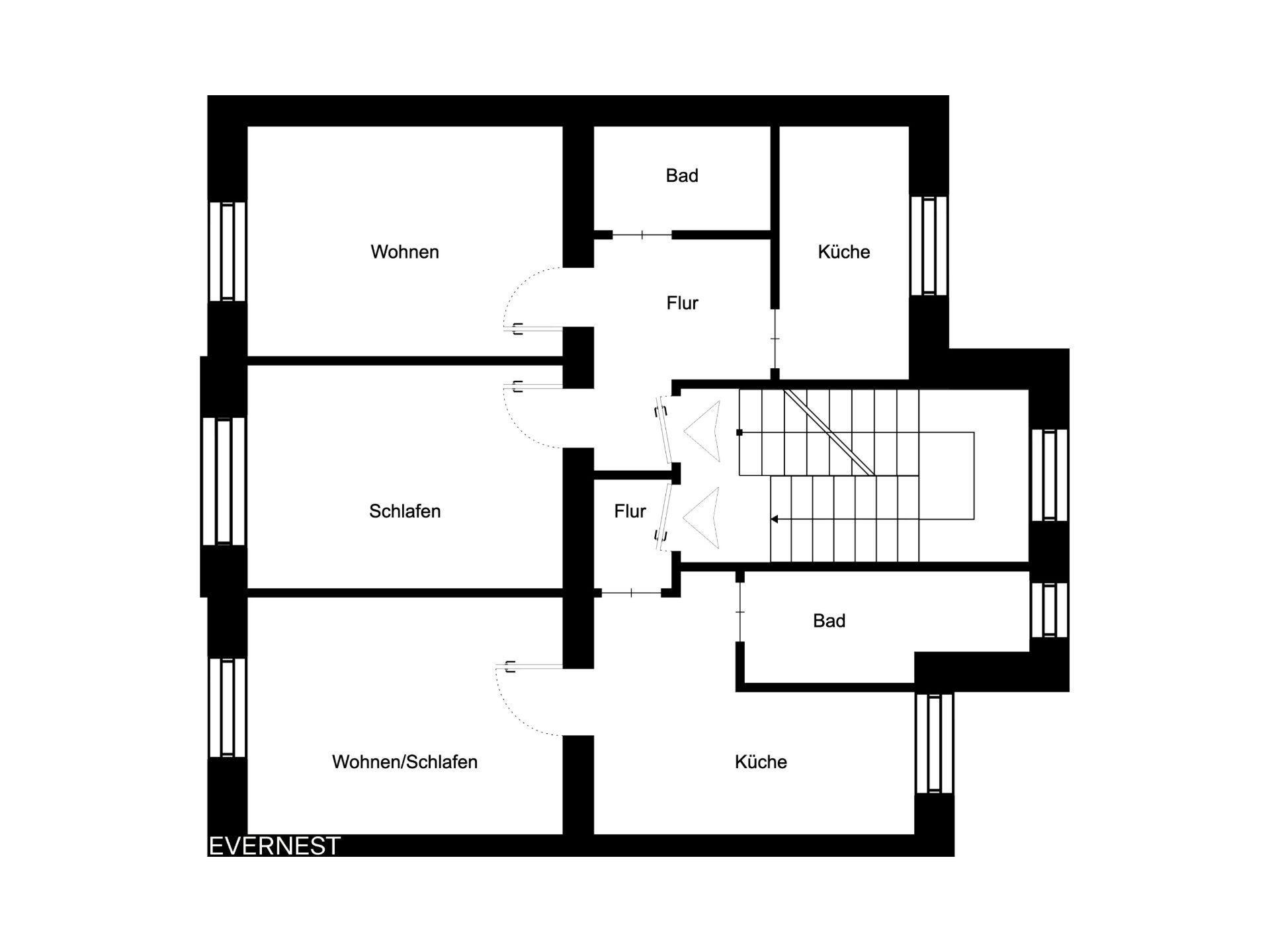 Grundriss mit Wohnzimmer, Schlafzimmer, zwei Küchen, zwei Bädern und Fluren.