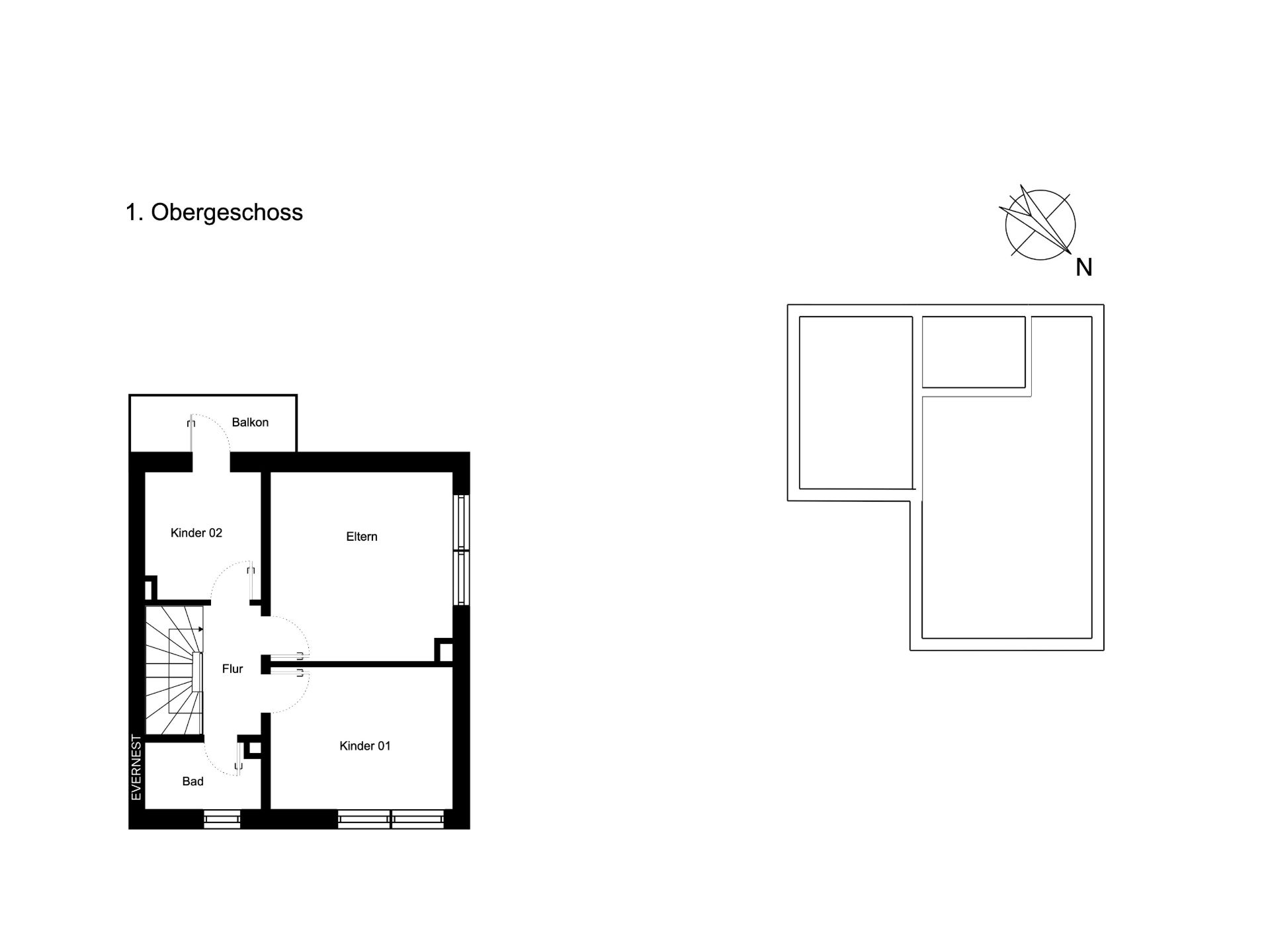 Grundriss des ersten Obergeschosses mit Flur, Bad, zwei Kinderzimmern, Elternzimmer und Balkon.