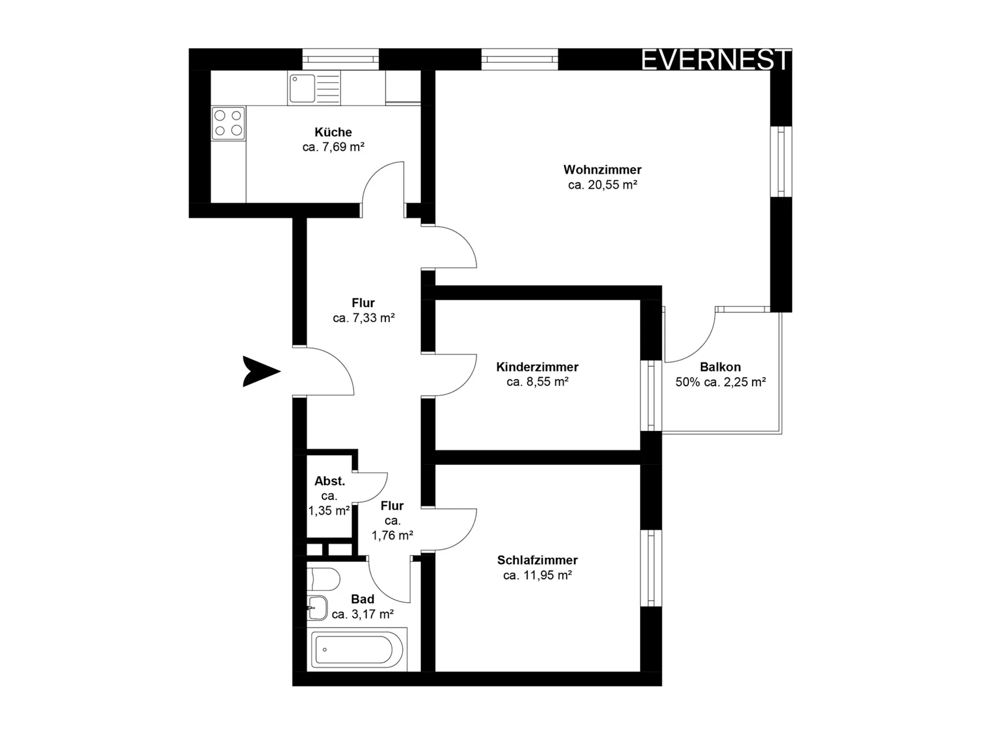Grundriss mit Küche, Wohnzimmer, Kinderzimmer, Schlafzimmer, Bad, Abstellraum, Flur und Balkon.