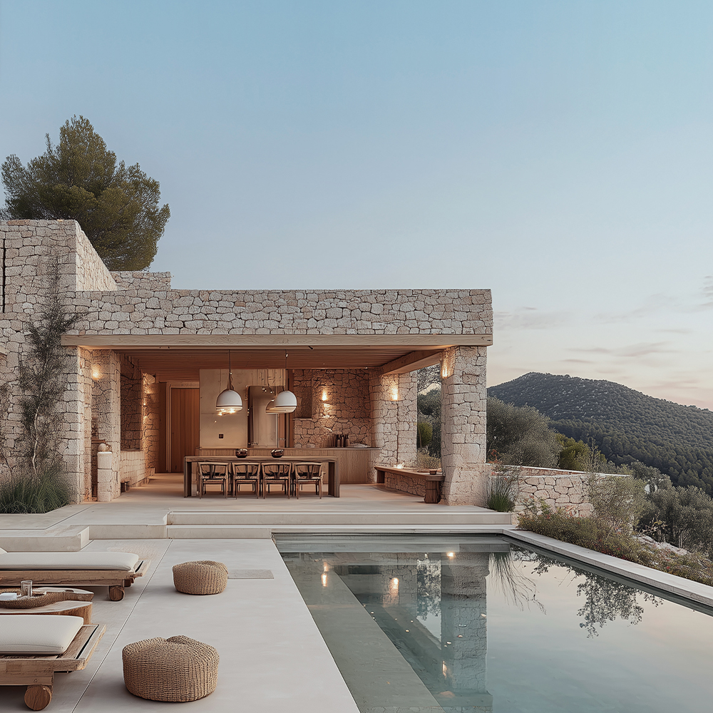 Wohnhaus mit Pool, zwei Sonnenliegen, umgeben von Pflanzen und Steinmauern.