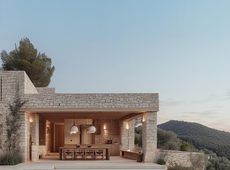 Wohnhaus mit Pool, zwei Sonnenliegen, umgeben von Pflanzen und Steinmauern.