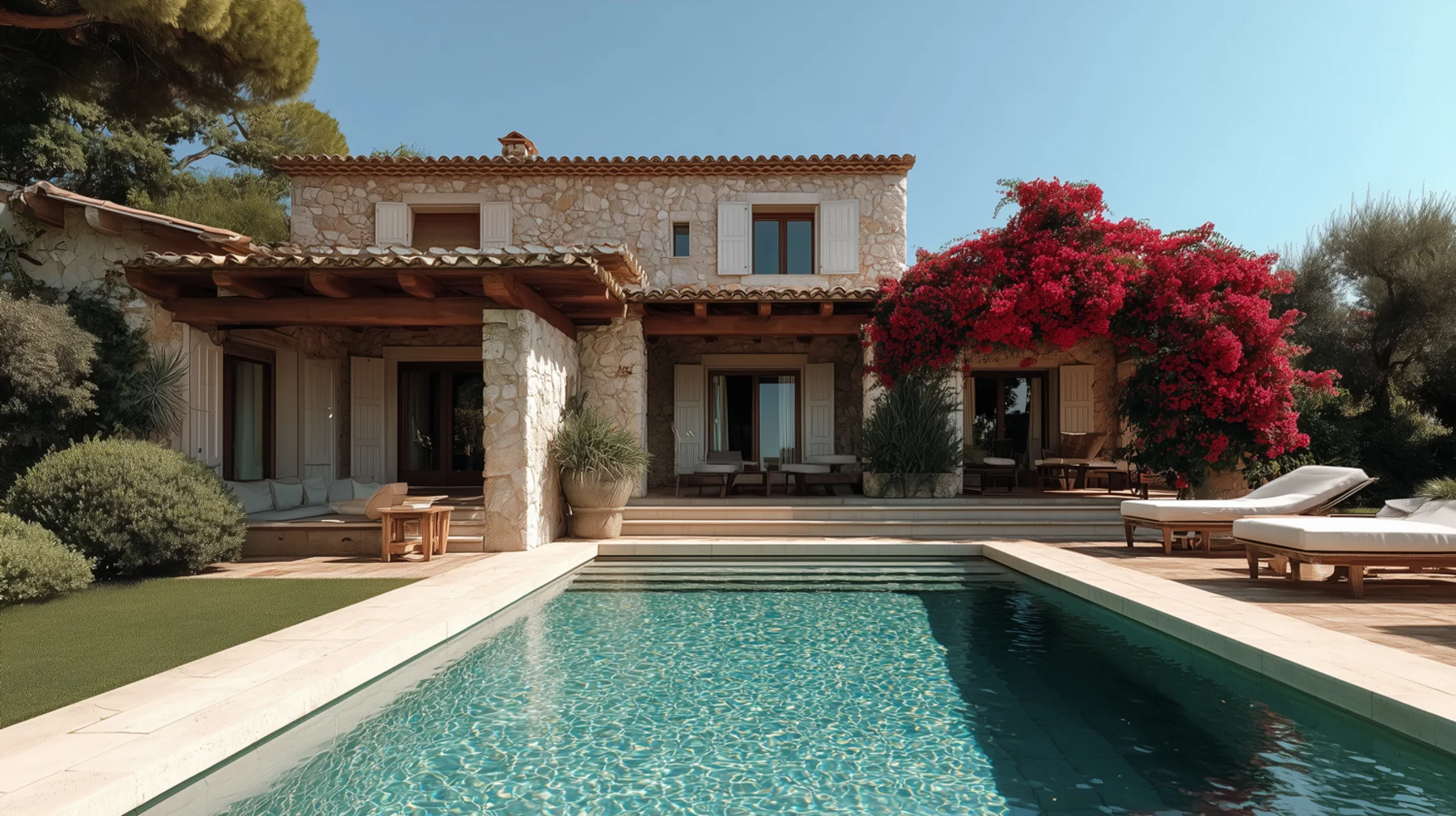 Wohnhaus mit Pool, zwei Sonnenliegen, umgeben von Pflanzen und Steinmauern.