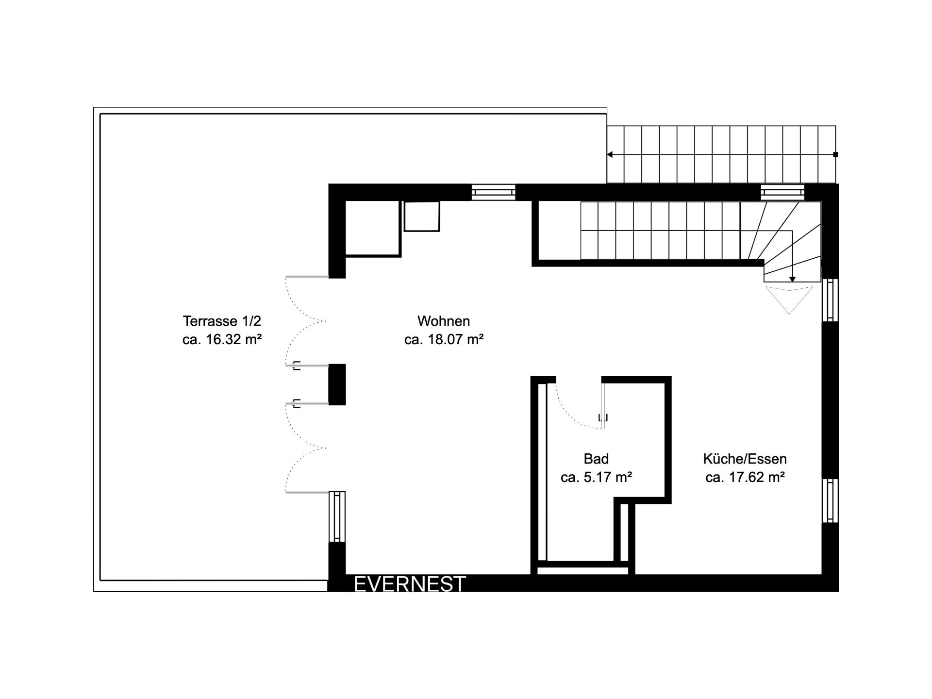 Grundriss mit Terrasse, Wohnzimmer, Bad sowie Küche und Essbereich.