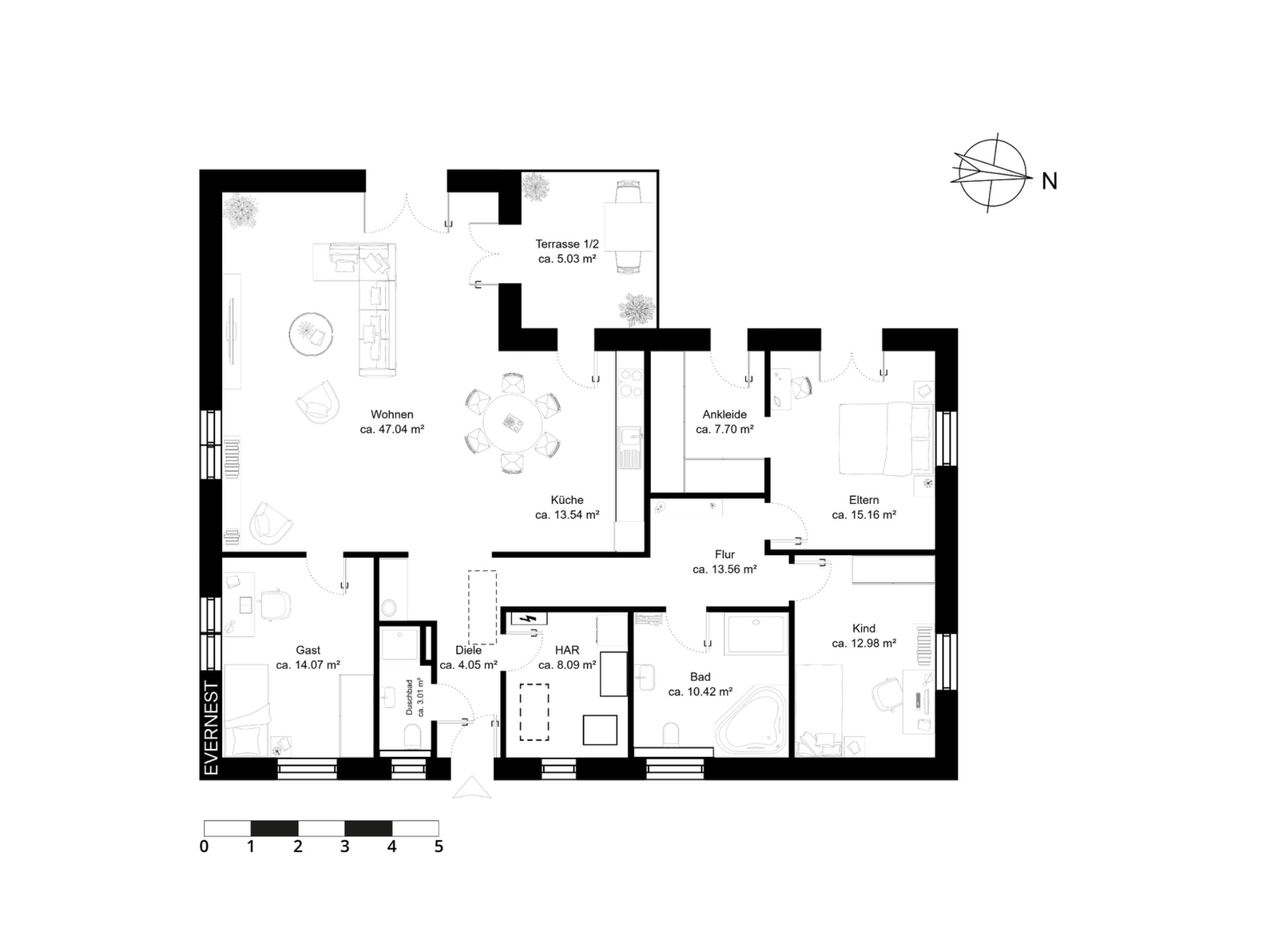 Grundriss einer Wohnung mit Wohn-, Schlaf-, Gästezimmer, Küche, Bad und Terrasse.