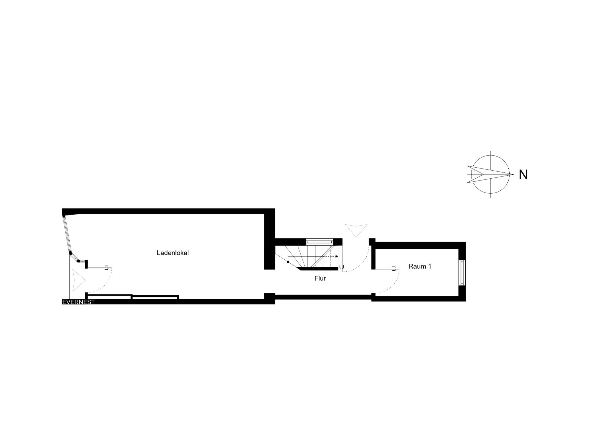 Grundriss mit Ladenlokal, Flur und Raum 1. Treppe im Flur, Eingang links.