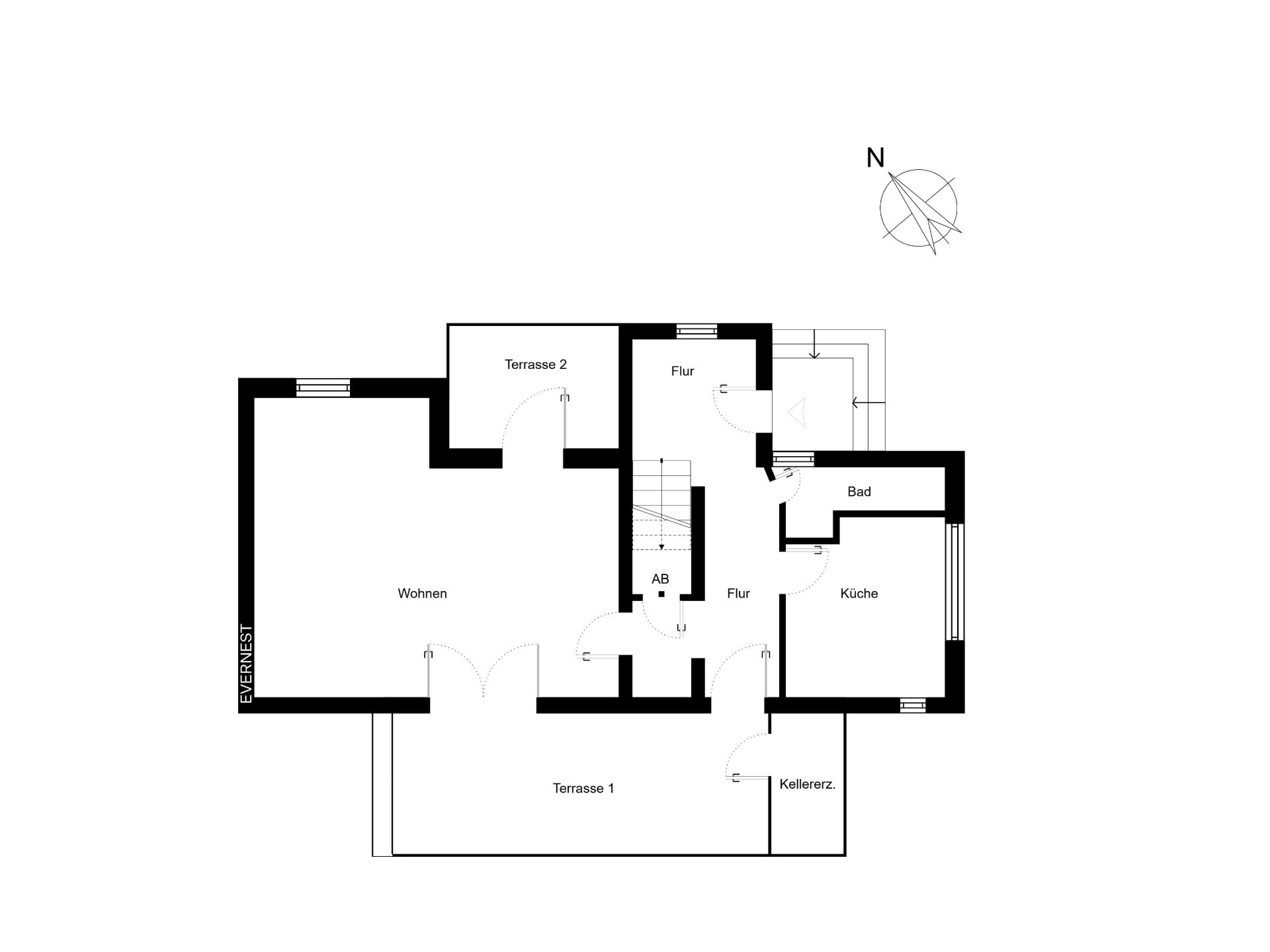 Grundriss mit Wohnzimmer, Küche, Bad, Flur sowie zwei Terrassen und einem Kellerraum.