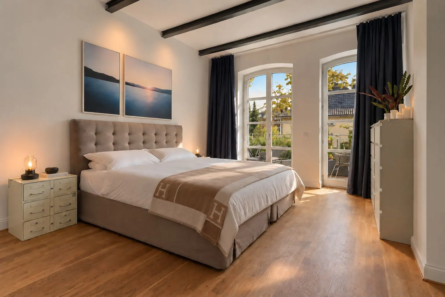 Modernes Schlafzimmer mit Doppelbett, Holzboden und großen Fenstern zu einem Balkon.