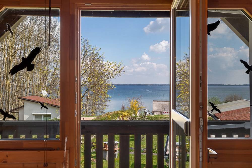 Blick durch ein offenes Fenster auf einen Balkon mit Seeblick und Bäumen, Vogelaufkleber am Glas.