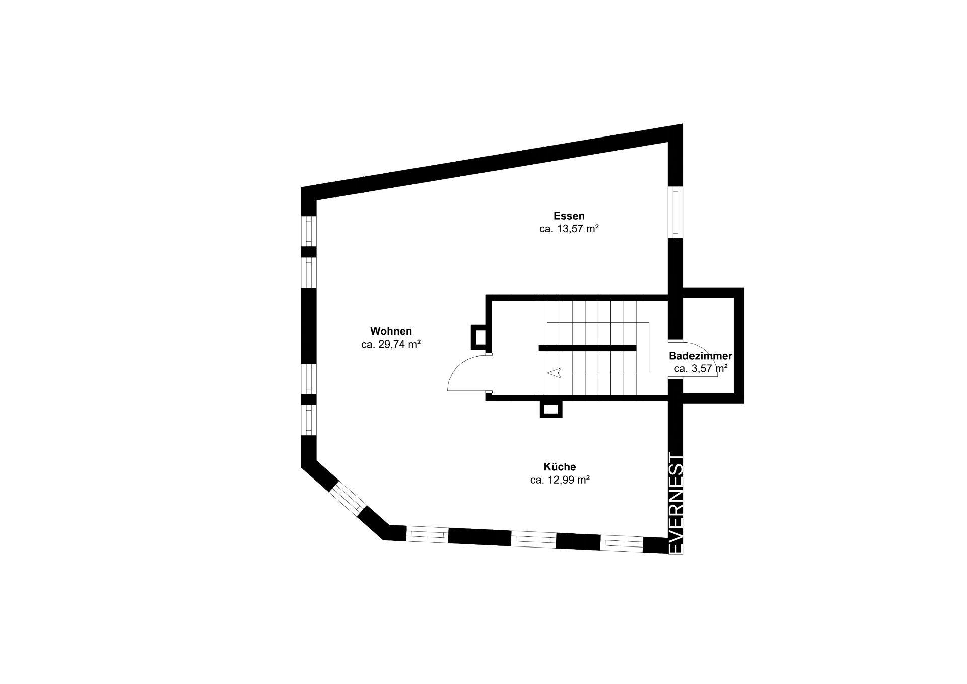 Grundriss mit Wohnzimmer, Essbereich, Küche, Badezimmer und Treppe, Flächenangaben in Quadratmetern.