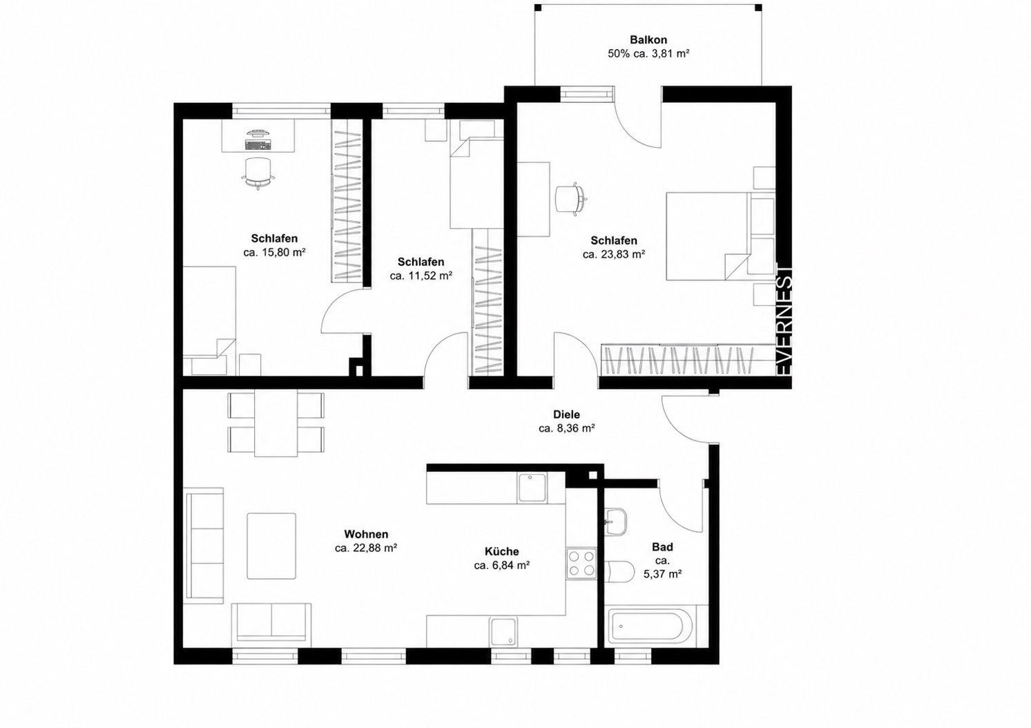 Grundriss einer Wohnung mit drei Schlafzimmern, Wohnzimmer, Küche, Bad, Diele und Balkon.