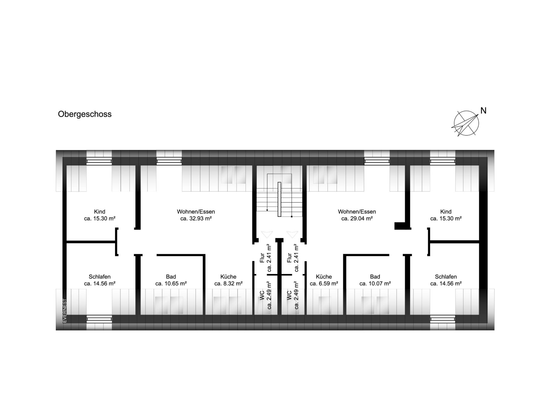 Grundriss des Obergeschosses mit Wohn-, Schlaf-, Kinderzimmern, Küche und Bad.