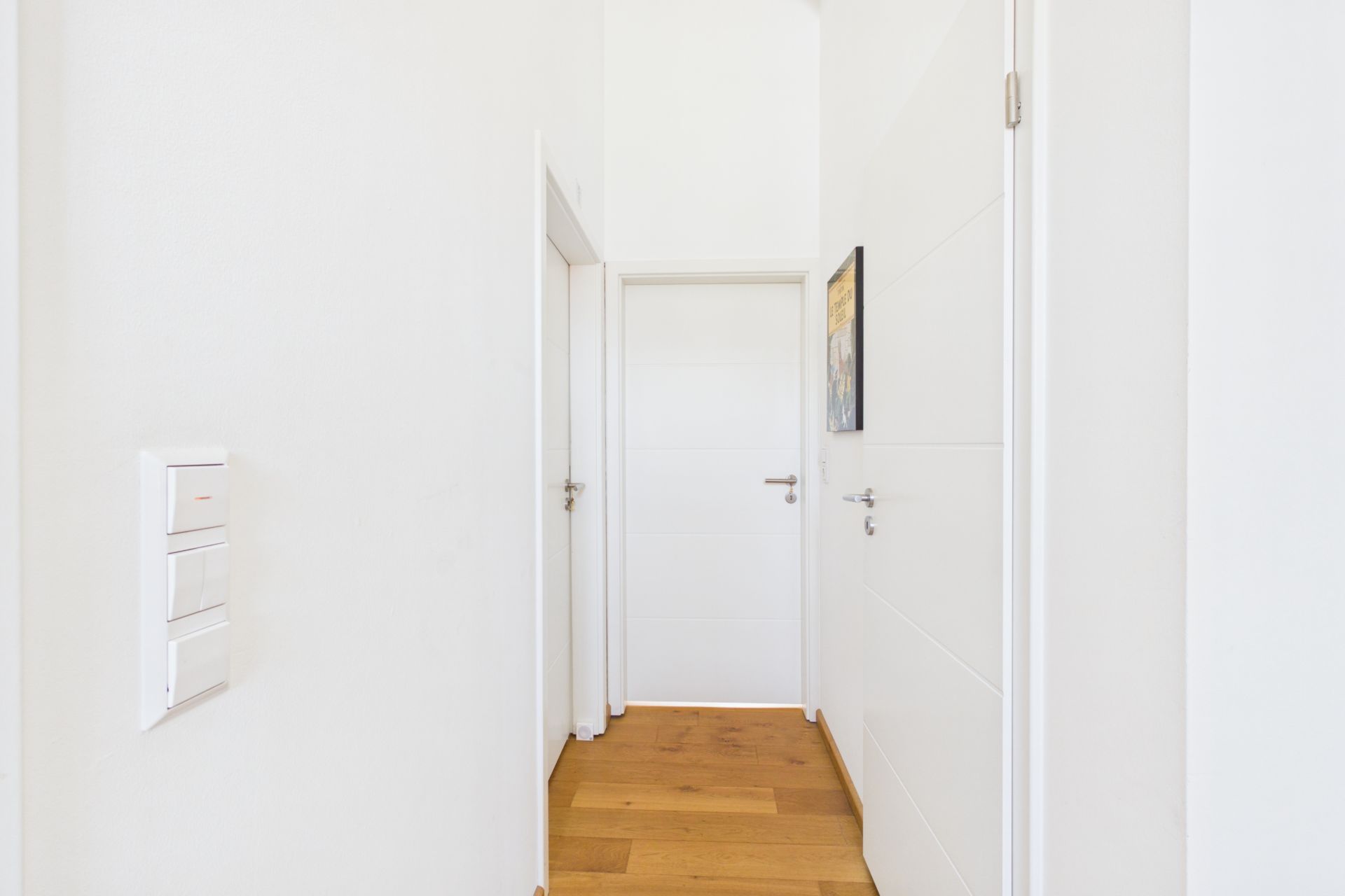 Heller Flur mit drei weißen Türen und Holzfußboden in einem Wohnhaus.