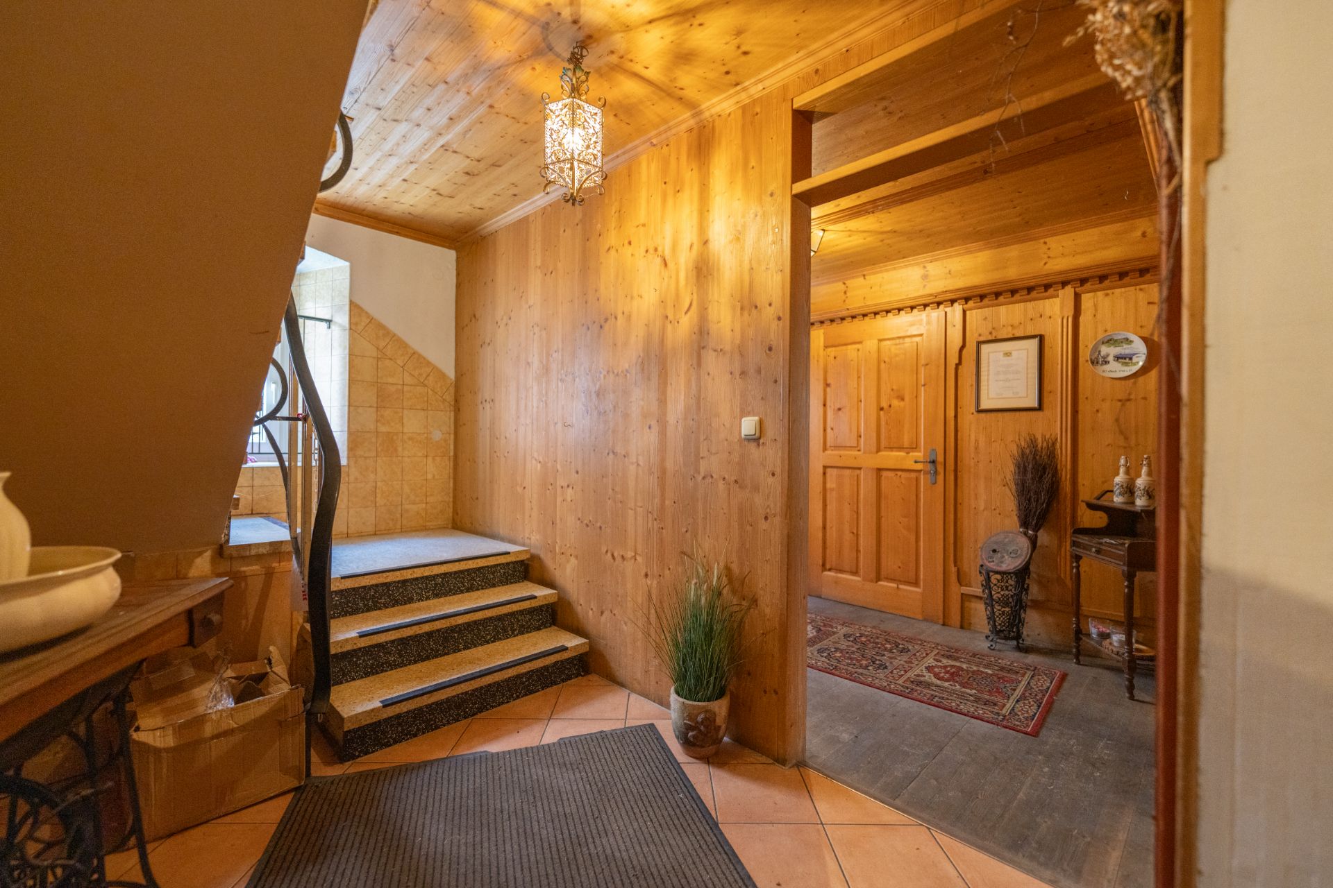 Flur mit Holzverkleidung, Treppe, Teppich und Pflanzen. Offene Tür führt in weiteren Raum.