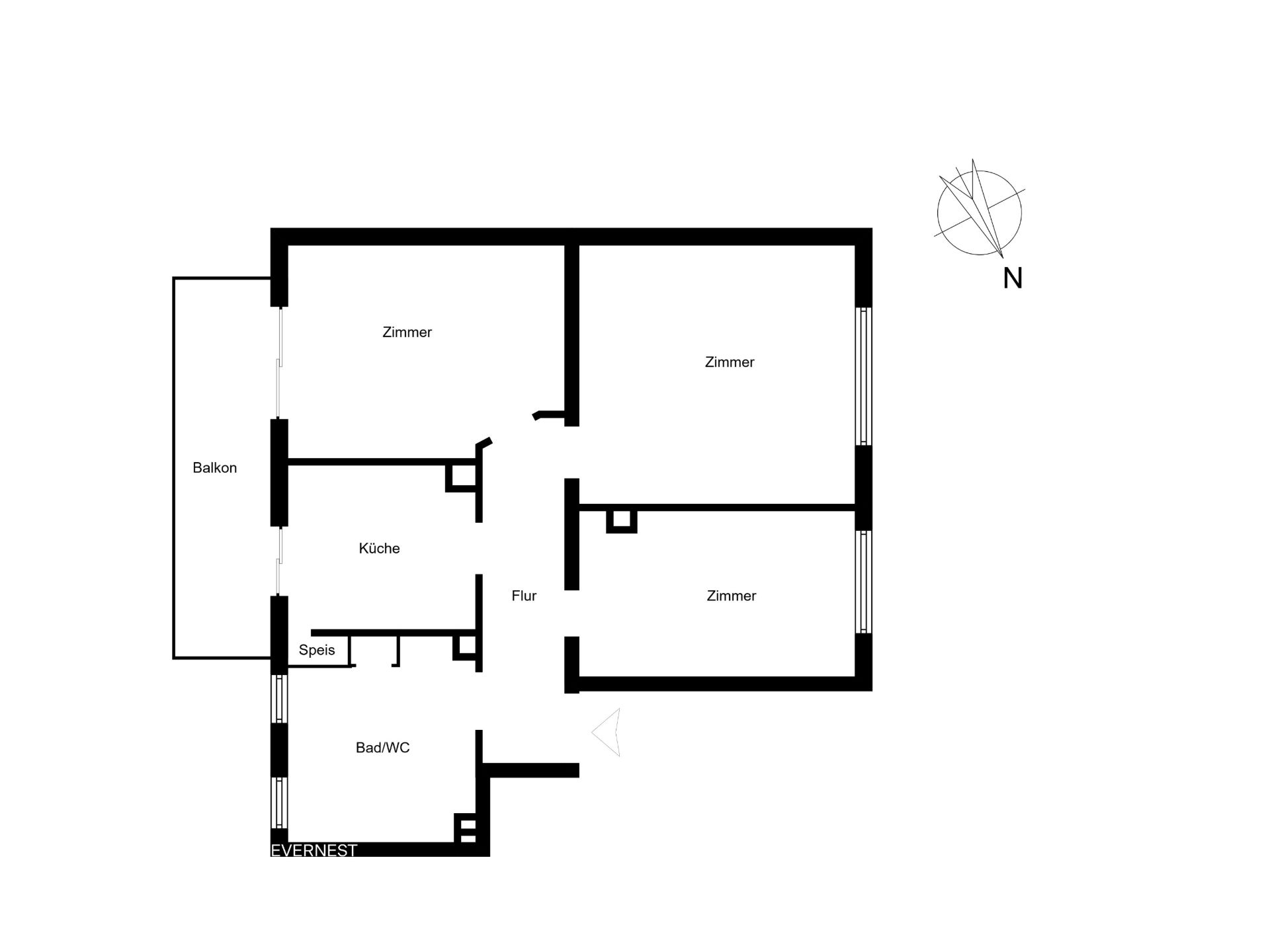 Grundriss mit drei Zimmern, Küche, Bad, Flur, Speis und Balkon.