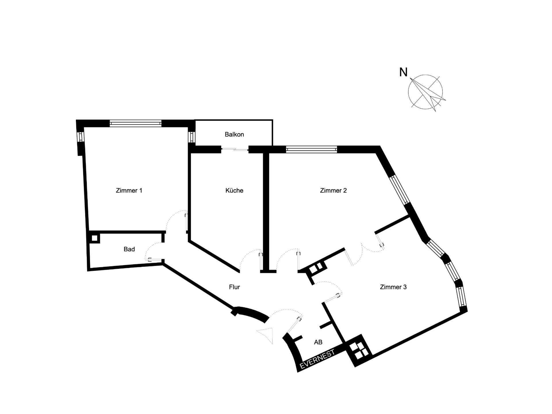 Grundriss mit drei Zimmern, Küche, Bad, Balkon und Flur.
