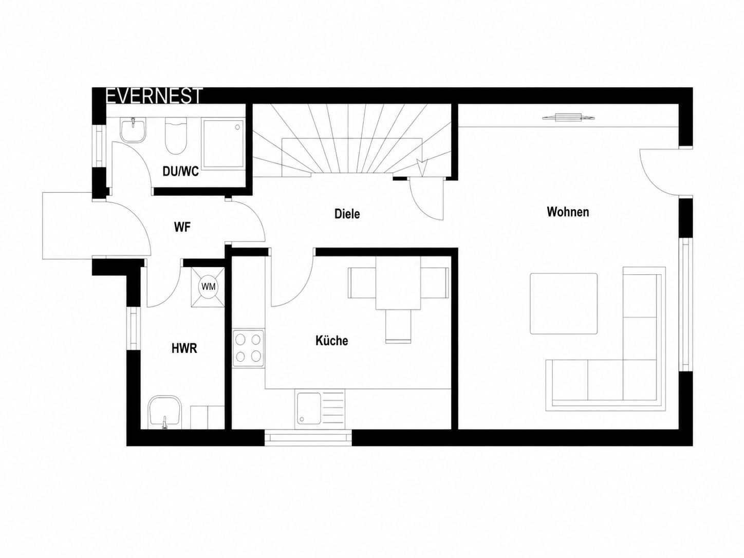 Grundriss einer Wohnung mit Küche, Wohnzimmer, Diele, Bad, Hauswirtschaftsraum und Flur.